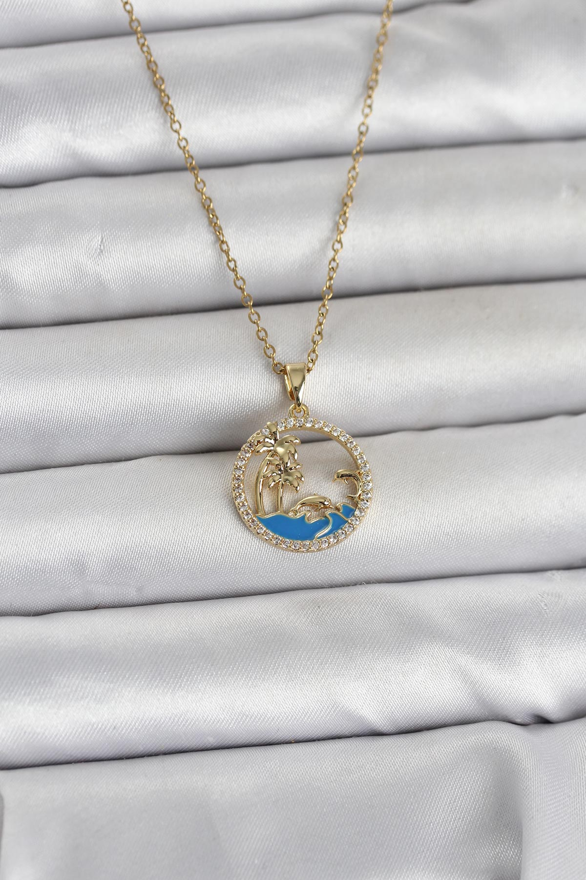 316L Çelik Zincir Gold Renk Zirkon Taşlı Deniz Temalı Kadın Kolye 5886