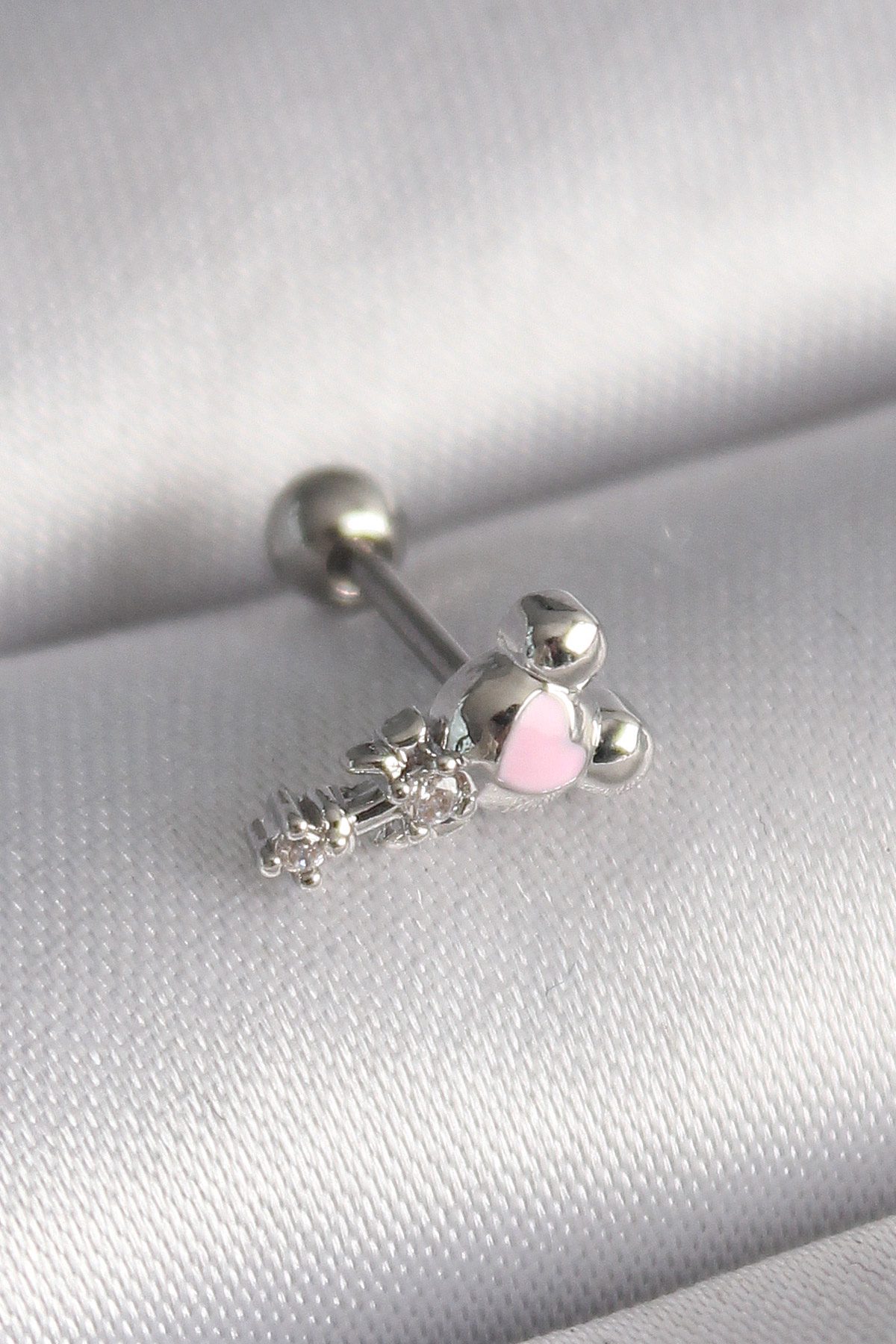 316L Çelik Gümüş Renk Zirkon Taş Detay Pembe Kalp İşleme Tragus Piercing 5886