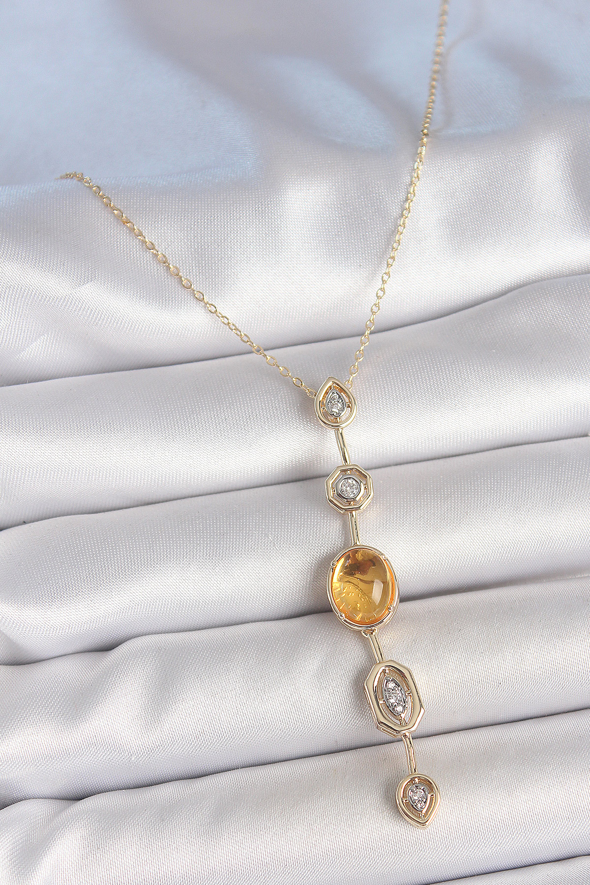 Pirinç Zincir Kehribar Sarı Gold Renk  Zirkon Taşlı Y Kolye 5886