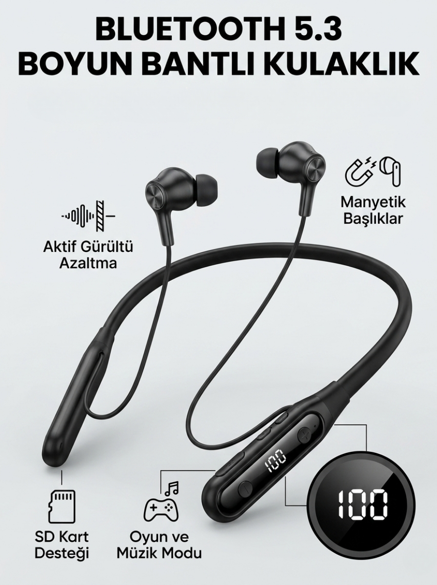 Ekranlı ve SD Kart Destekli Bluetooth 5.3 Boyun Bantlı Kulaklık