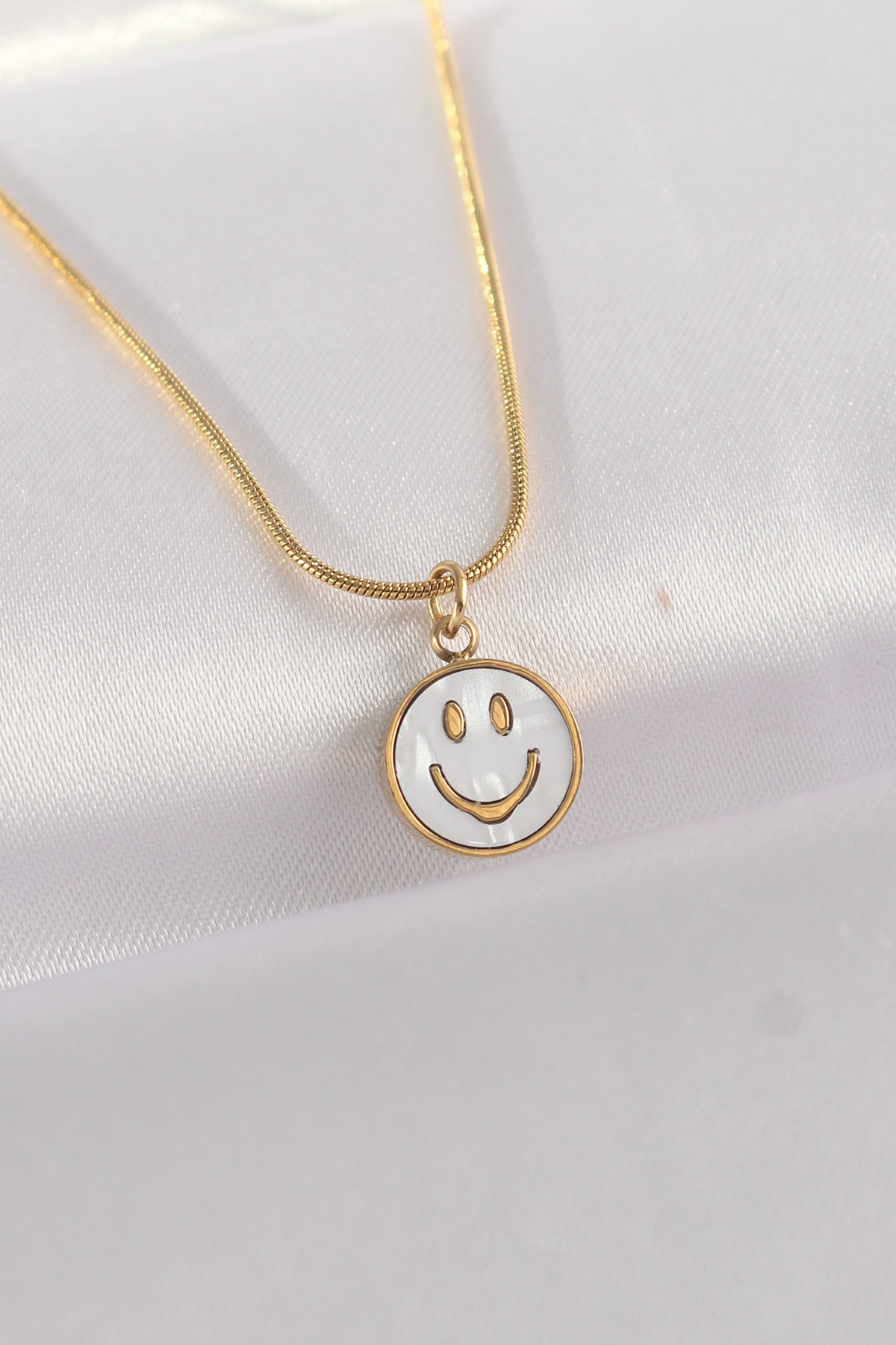 316L Çelik Zincir Altın Renk Mermer Desenli Minimal Smile Kolye 5886