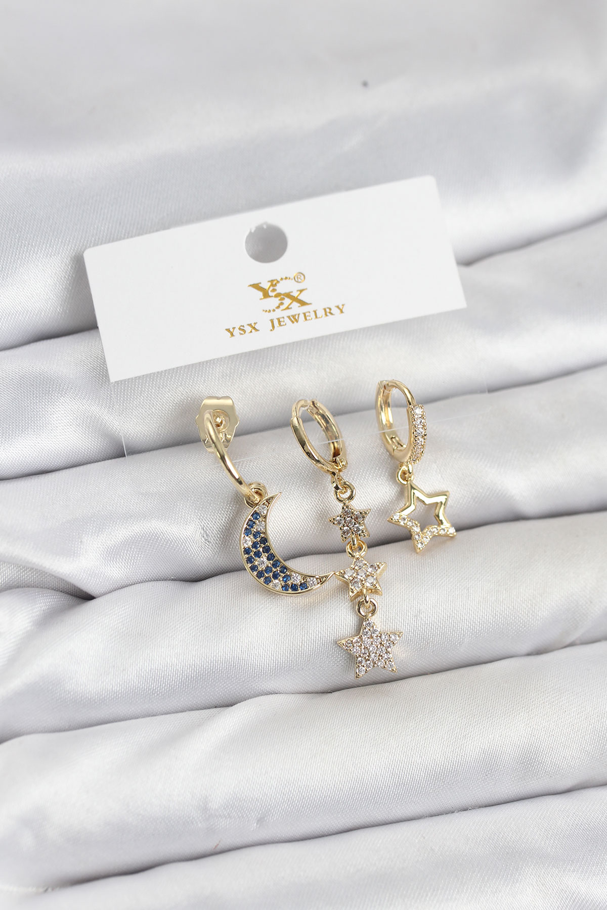 Pirinç Gold Renk Zirkon Taşlı Ay ve Yıldız Model YSX Trio Küpe Seti 5886