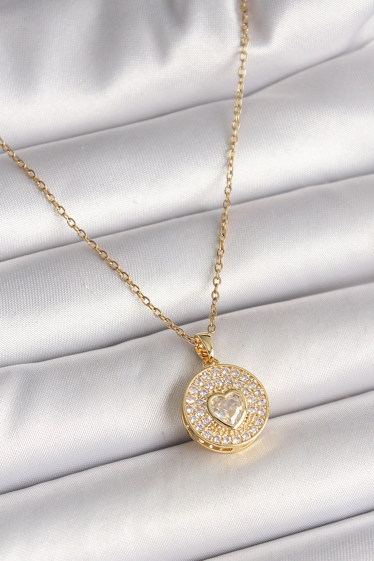 316L Çelik Gold Renk Zincir Madalyon Zirkon Taşlı Kalp Model Kadın Kolye 5886