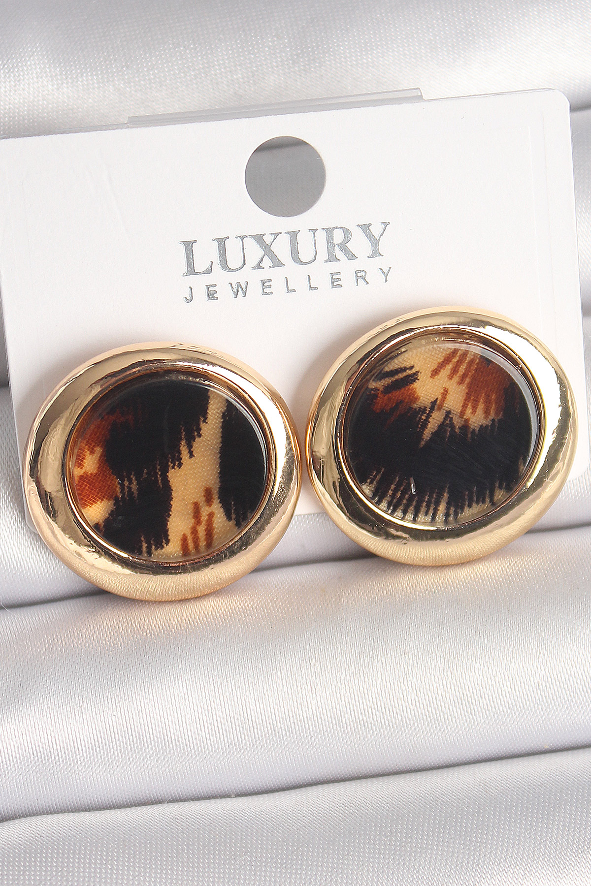 Pirinç Gold Renk Leopar Desen Daire Model Kadın Küpe 5886