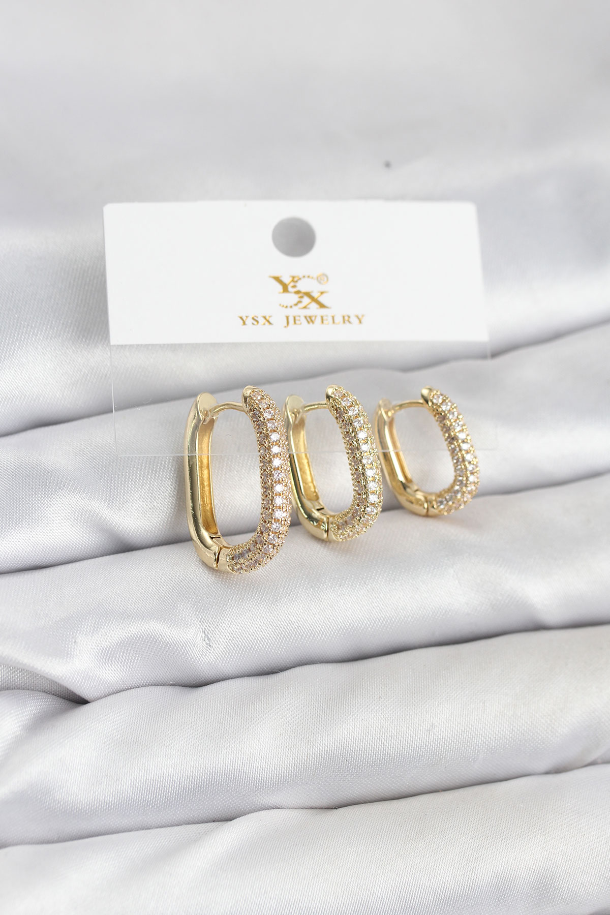 Pirinç Gold Renk Zirkon Taşlı Halka Model YSX Trio Küpe Seti 5886