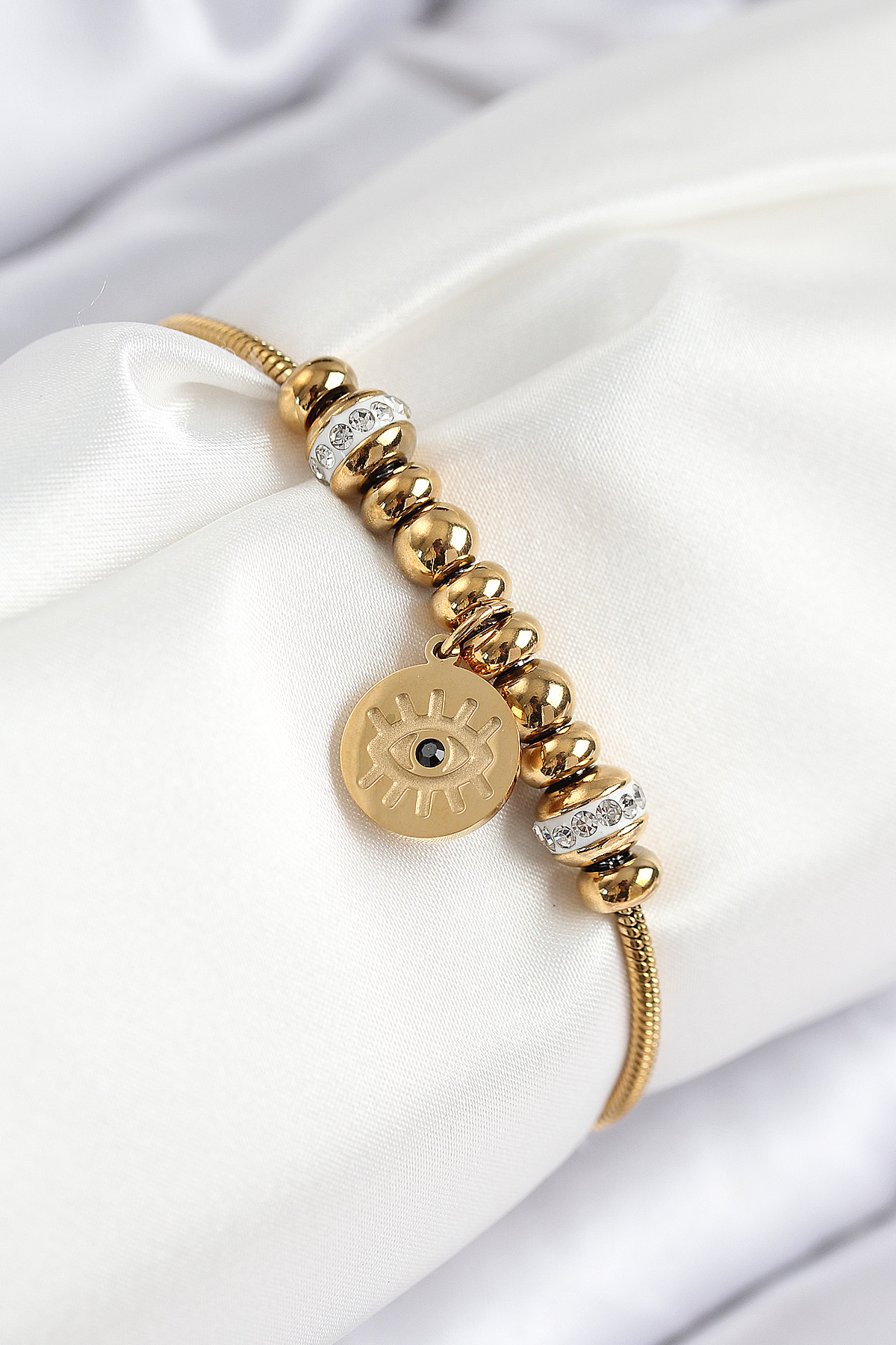 316L Çelik Zirkon Taşlı Göz Charm Model Gold Renk Kadın Bileklik 5886