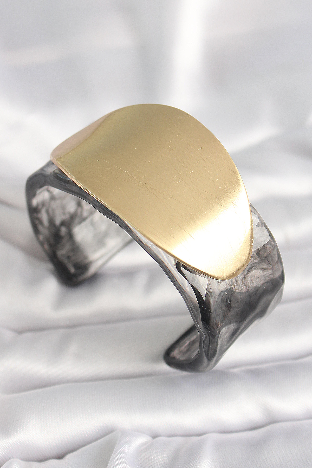Siyah Mermer Desen Akrilik Plastik Gold Oval Plaka Model Vintage Kadın Bilezik 5886