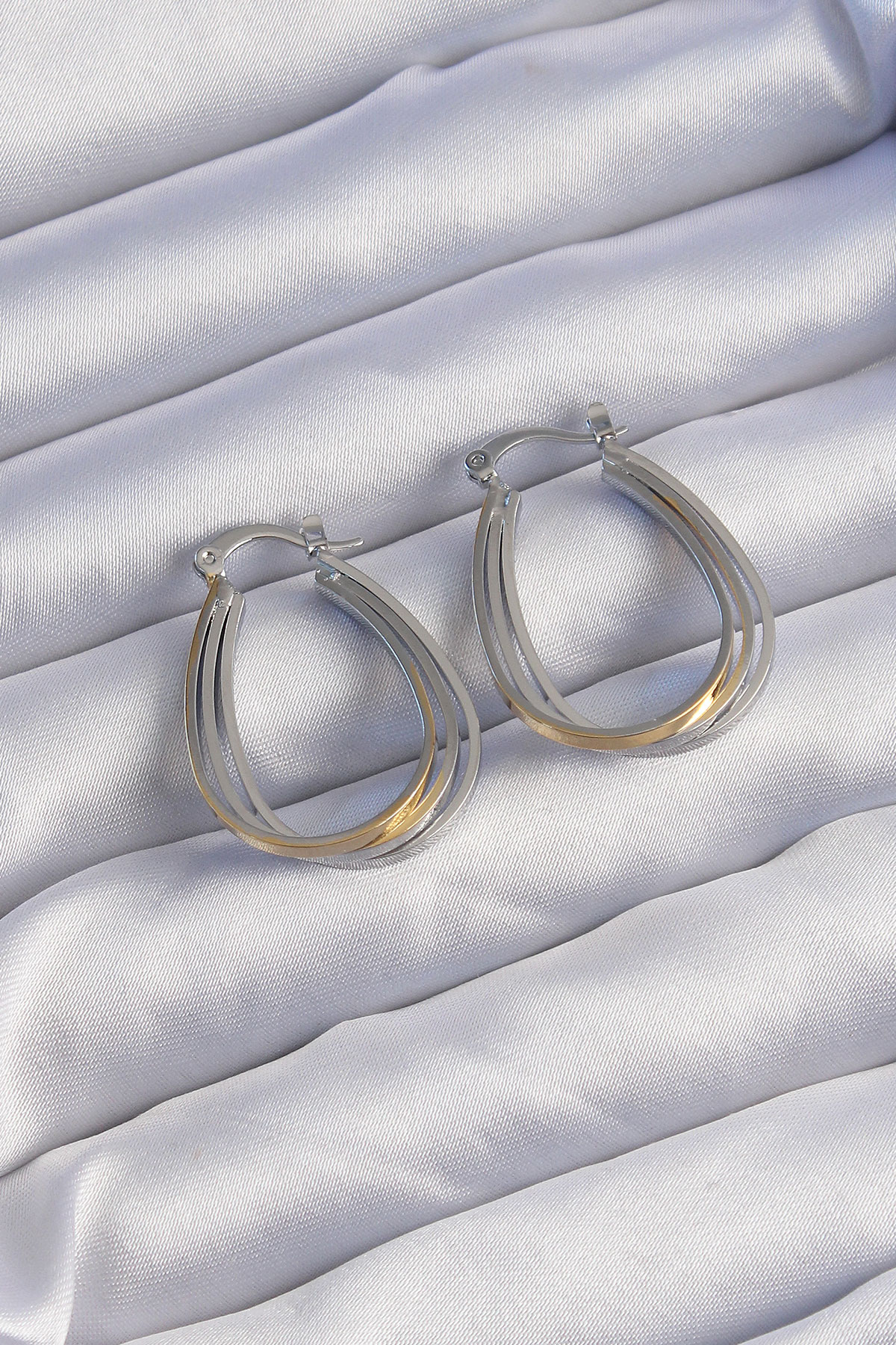 Pirinç Gold Gümüş Renkli Oval Çoklu Görünümlü Küpe 5886