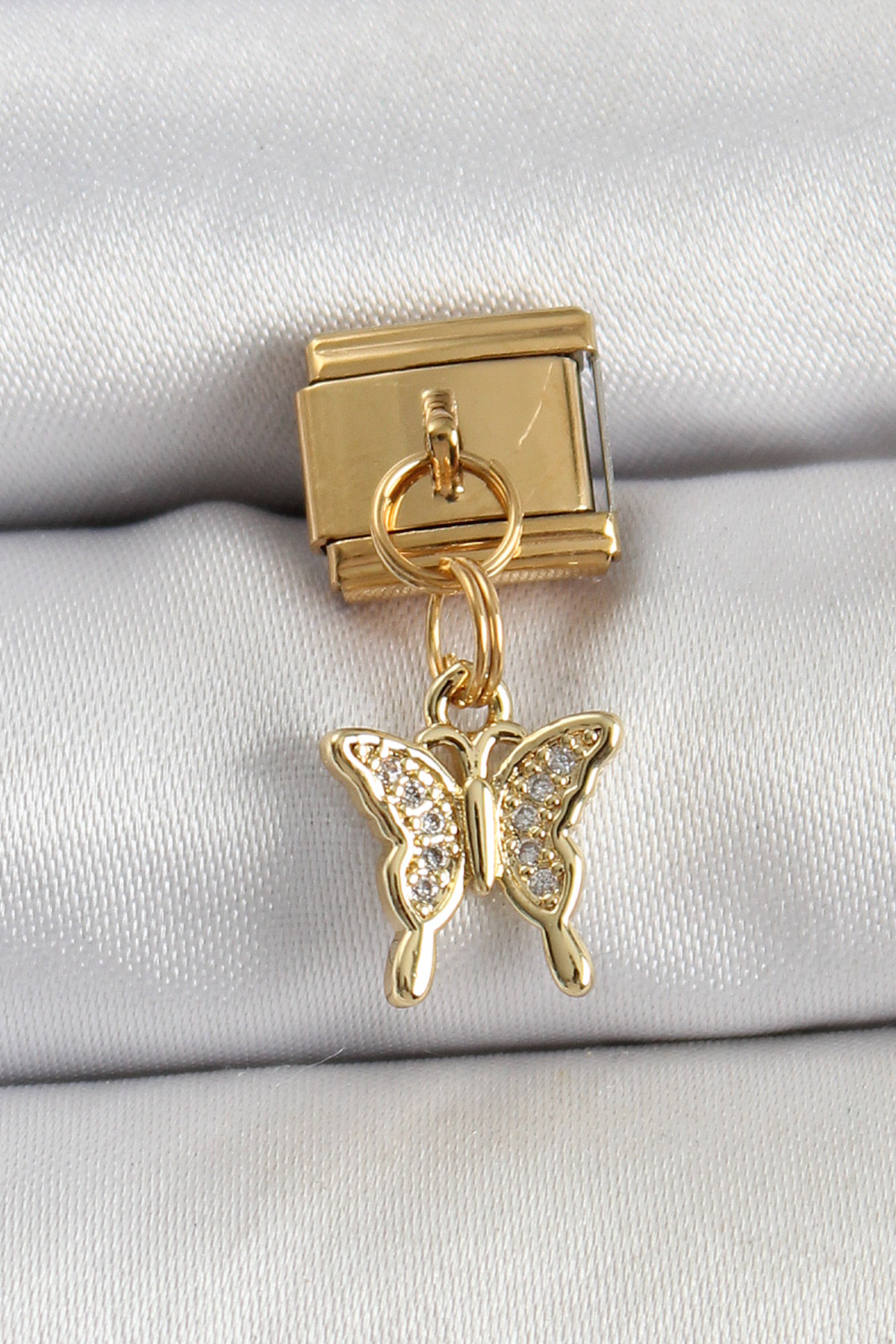 316L Çelik Sallantılı Zirkon Taşlı Kelebek Model Gold Renk Nomination Charm 5886
