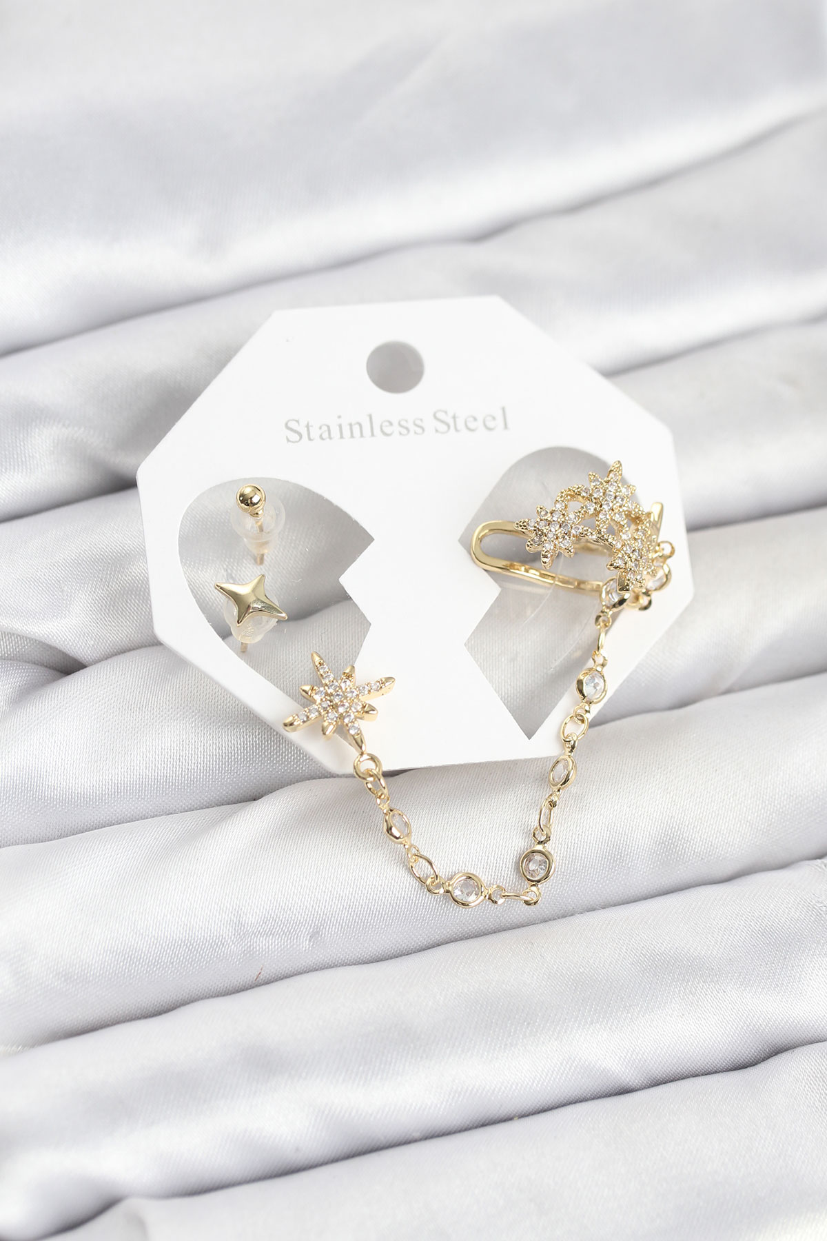 Kutup Yıldızı Model Pirinç Gold Renk Zincir Bağlantılı Ear Cuff Küpe Seti 5886