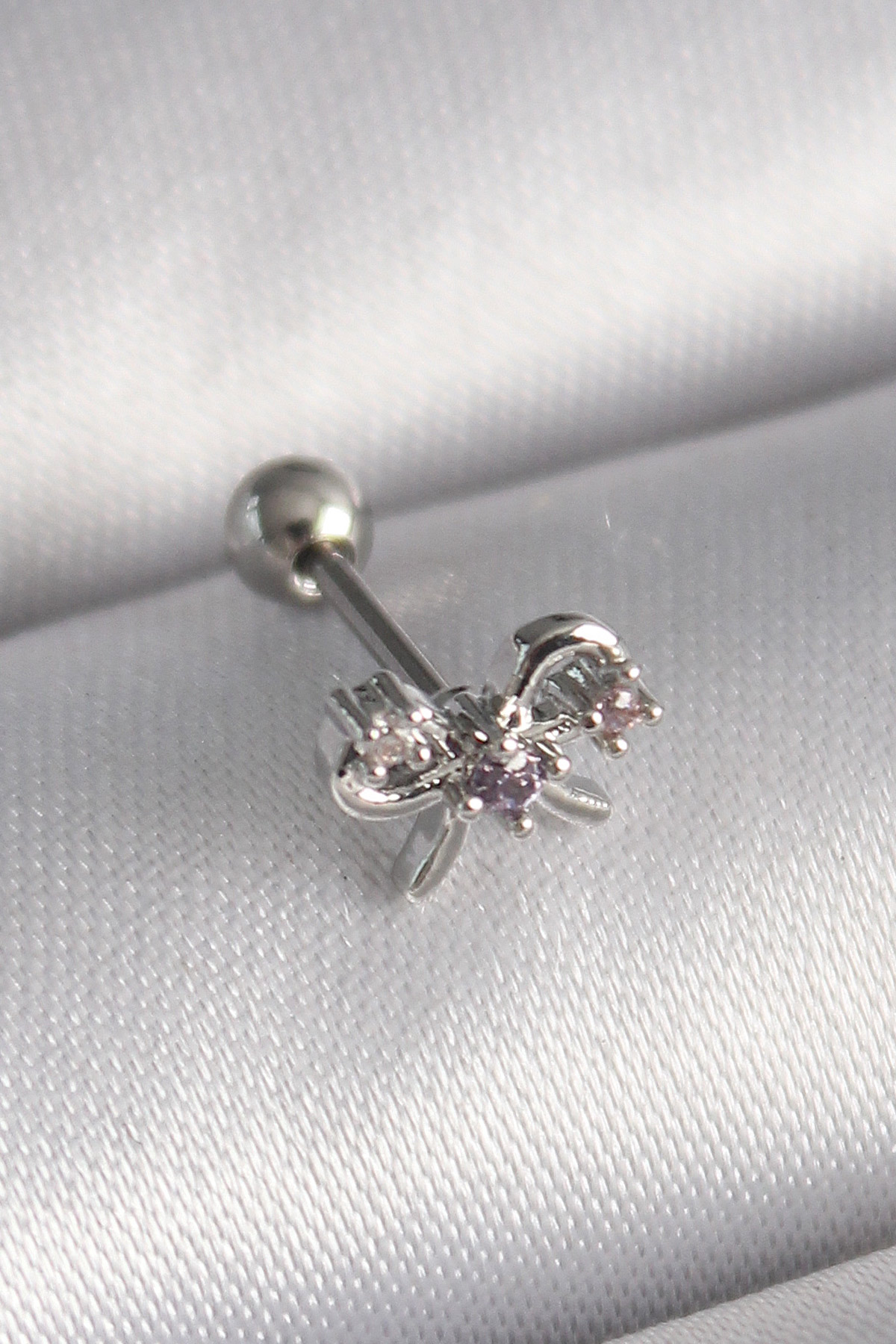316L Çelik Gümüş Renk Zirkon Taşlı Kurdele Tragus Piercing 5886