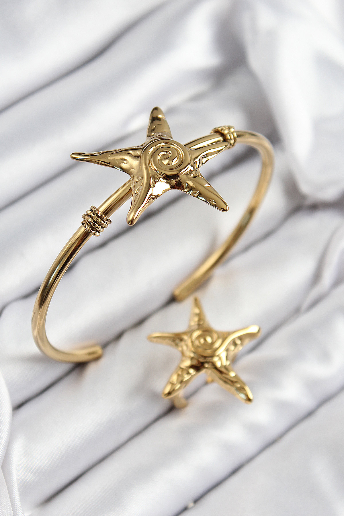 Pirinç Deniz Yıldızı Model Gold Renk Bileklik Yüzük Set 5886