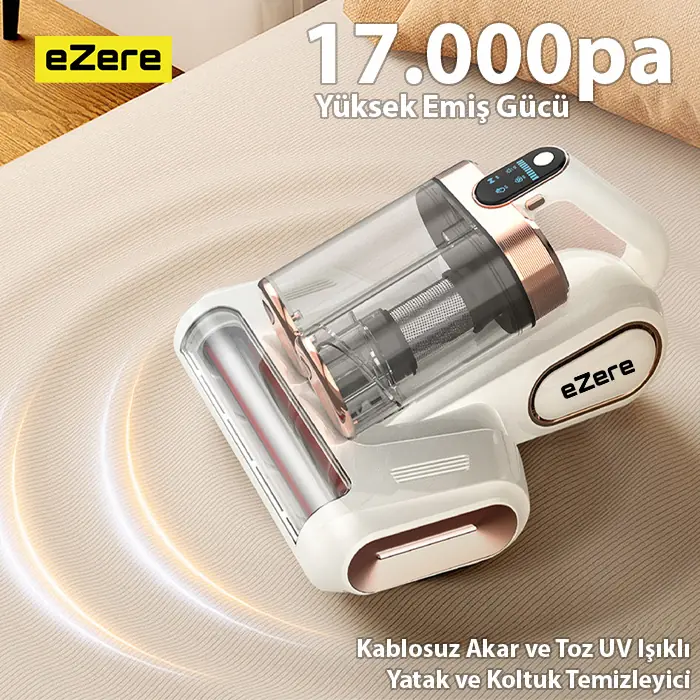 Ezere DustAway 17000Pa Güçlü Kablosuz Akar ve Toz UV Işıklı Yatak ve Koltuk Temizleyici
