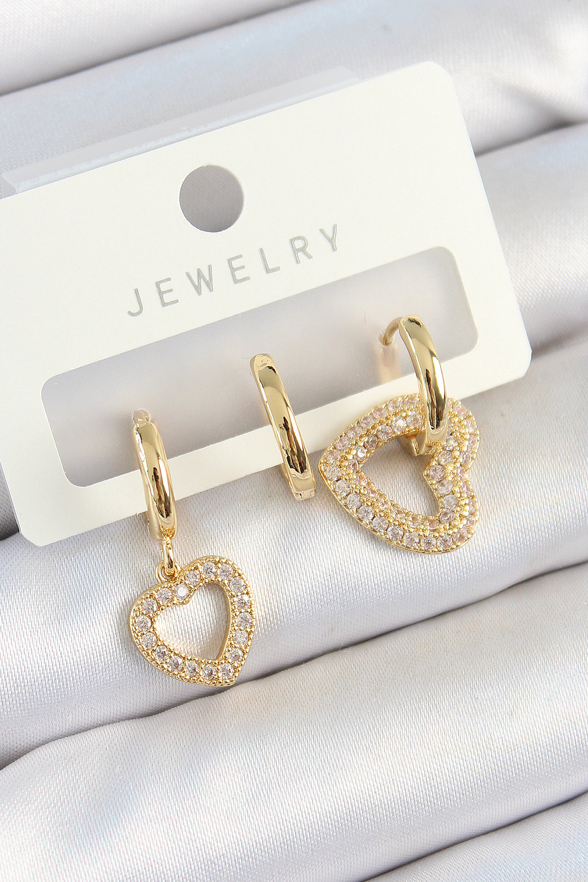 Pirinç Zirkon Taşlı Kalp Model Gold Renk 3'lü Çift Kadın Küpe Set 5886