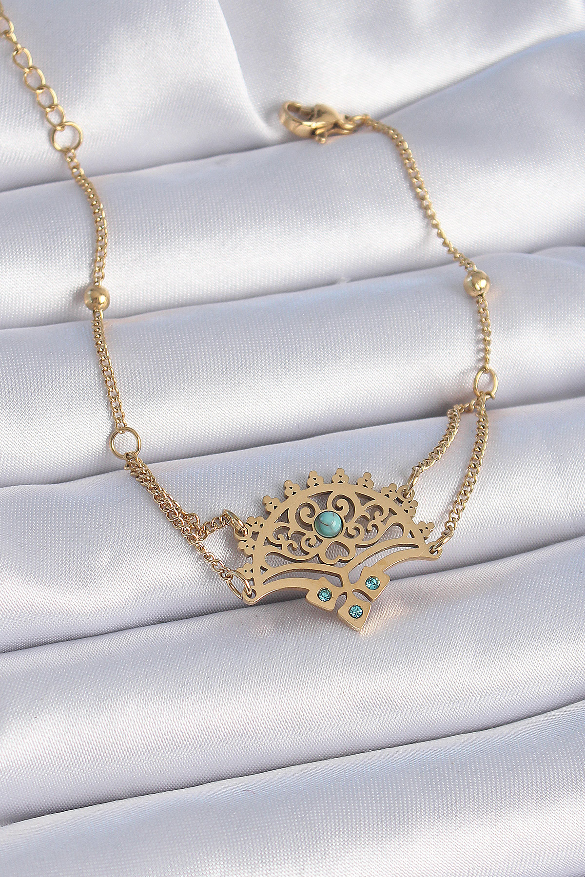 316L Çelik Gold Renk Mavi Taşlı Etnik Desen Kadın Bileklik 5886