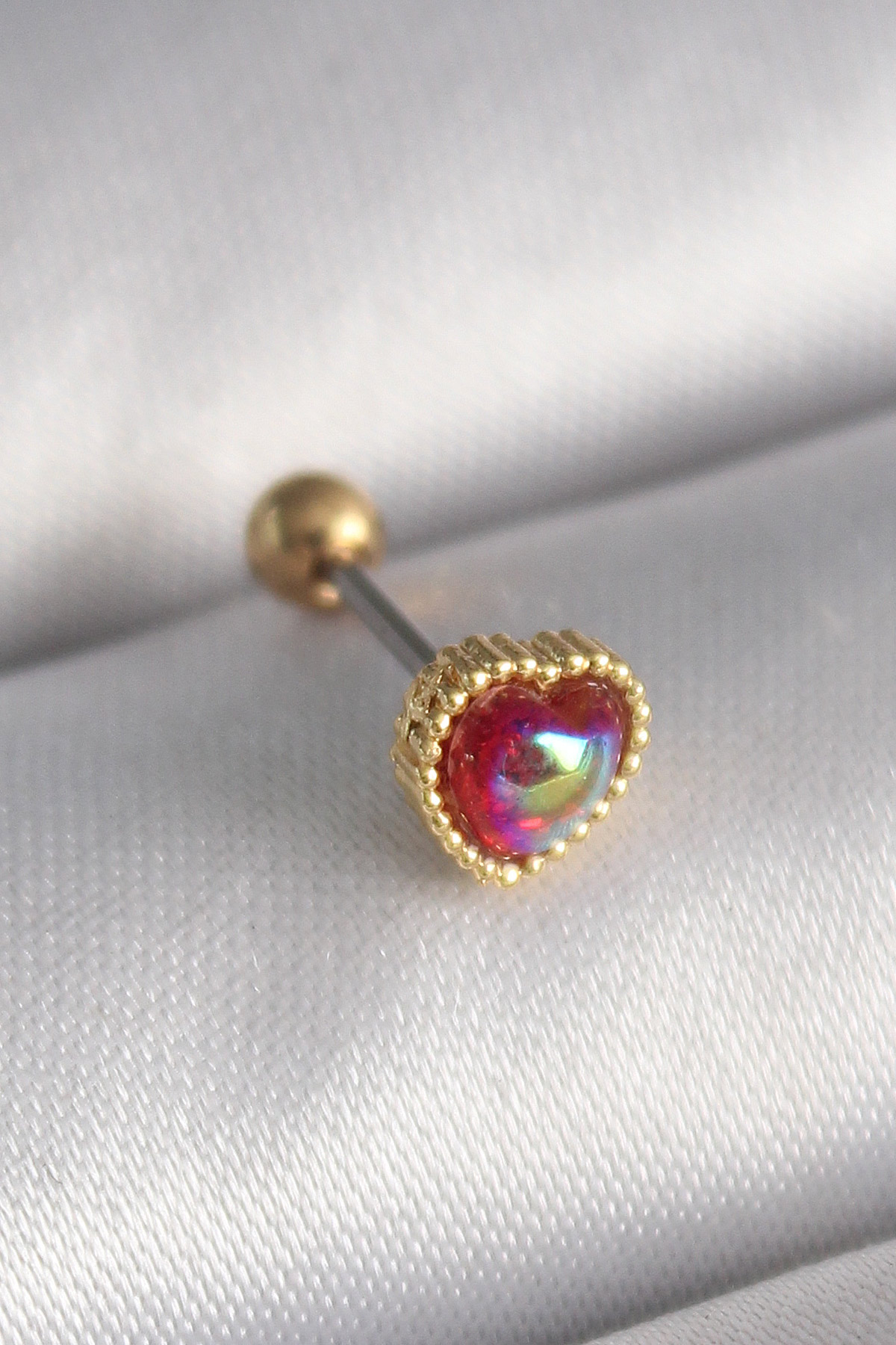 316L Çelik Gold Renk Kırmızı Mineli Kalp Tragus Piercing 5886