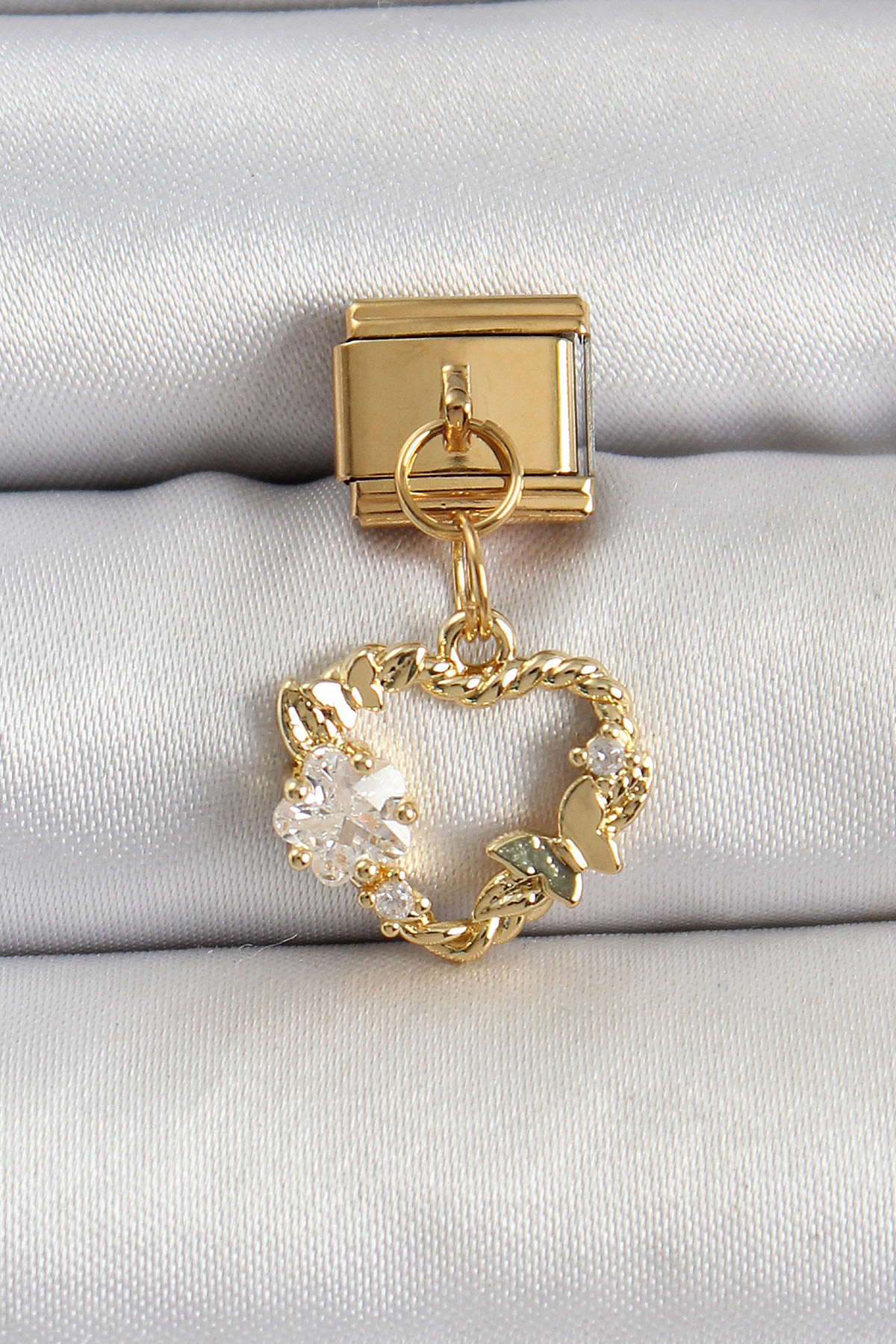 316L Çelik Sallantılı Zirkon Taşlı Kalp Model Gold Renk Nomination Charm 5886