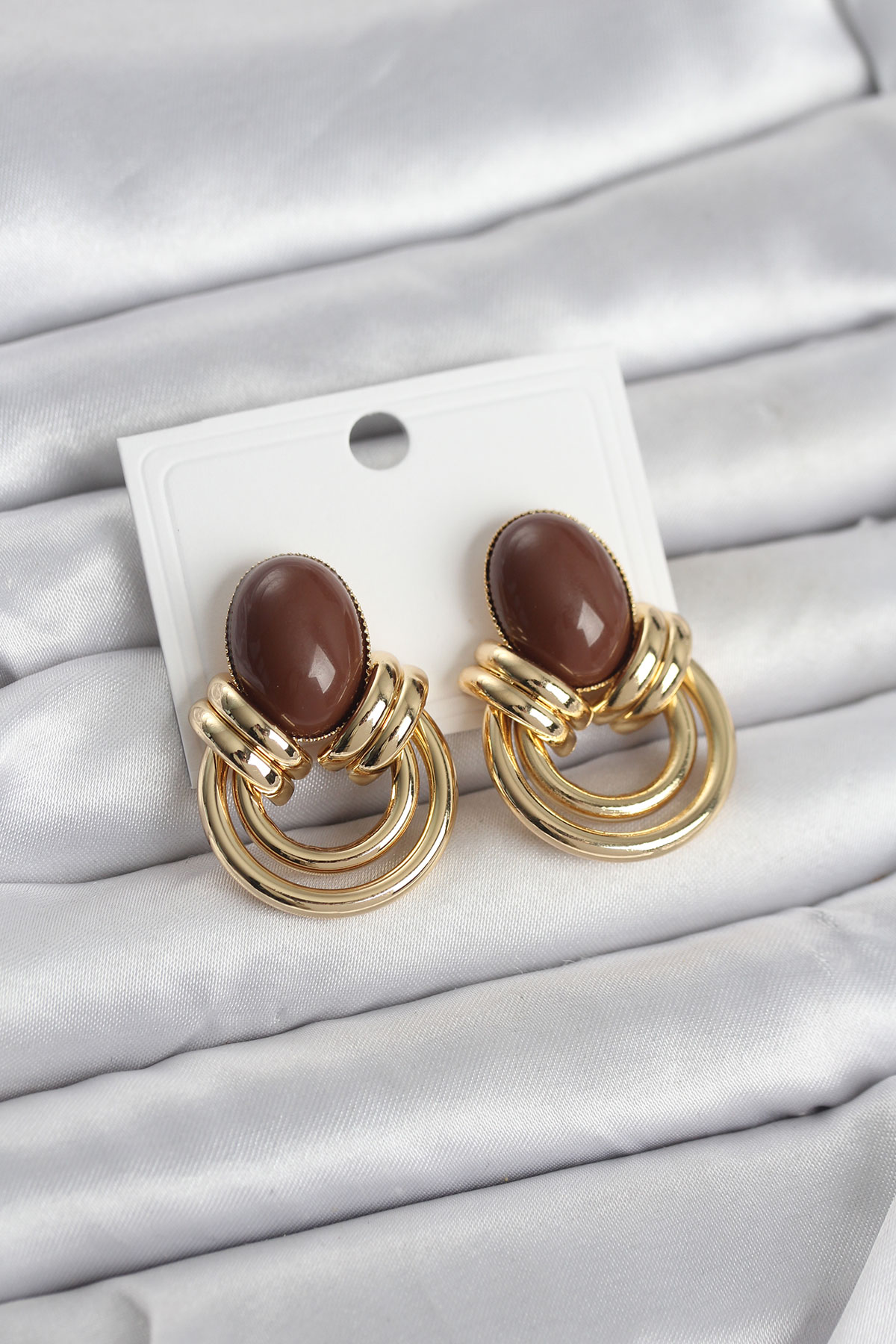 Pirinç Gold Renk Kahverengi Taşlı Vintage Kadın Küpe 5886