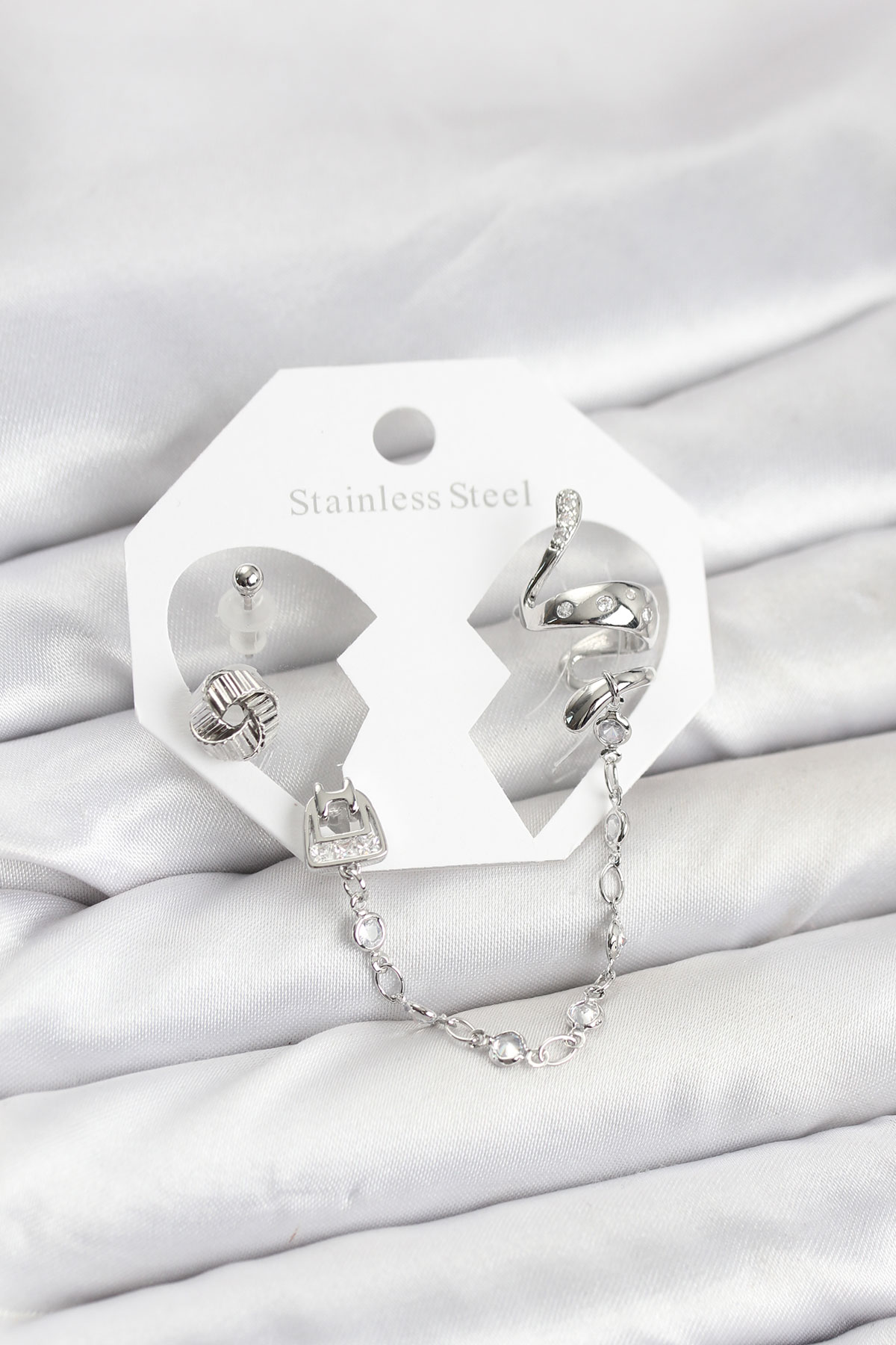 Pirinç Gümüş Renk Yılan Model Zincir Bağlantılı Ear Cuff Küpe Seti 5886