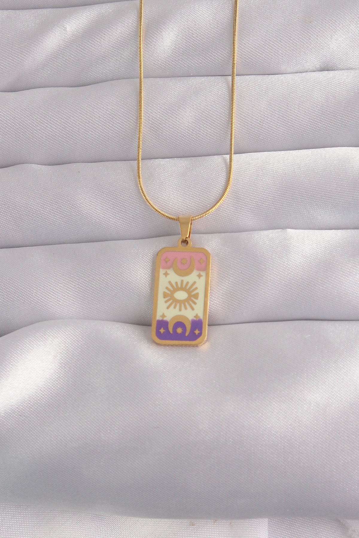 316L Çelik Gold Renk Karışık Mineli Ay Figür Tarot Kolye 5886