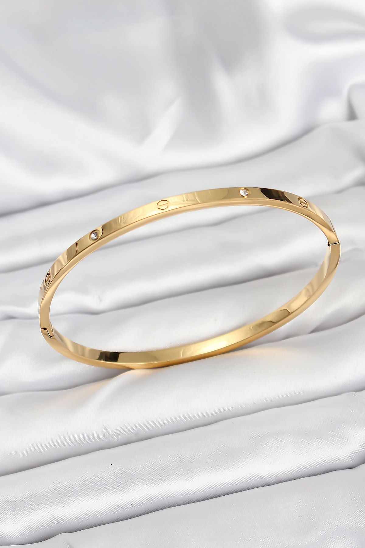 316L Çelik Gold Renk Zirkon Taşlı 65 mm İnce Kadın Kelepçe Bileklik 5886