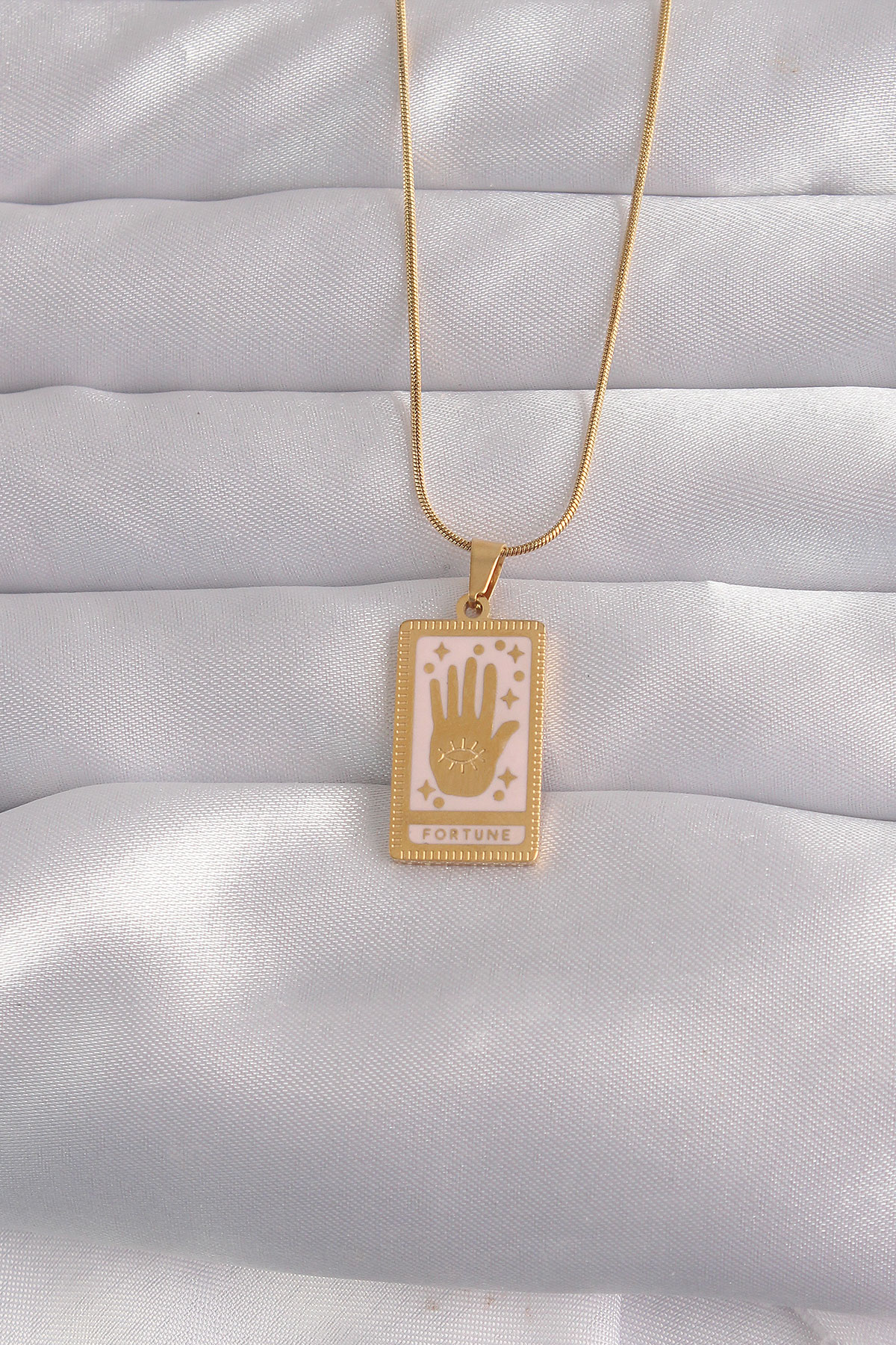 316L Çelik Gold Renk Pembe Mineli El Figür Tarot Kolye 5886