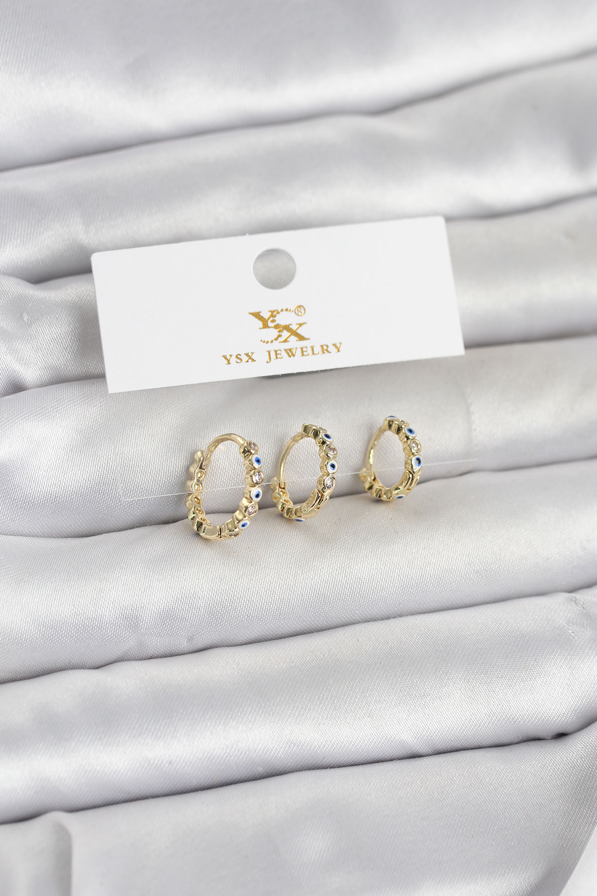 Pirinç Gold Renk Nazarlı Model 3'lü Kadın Küpe 5886