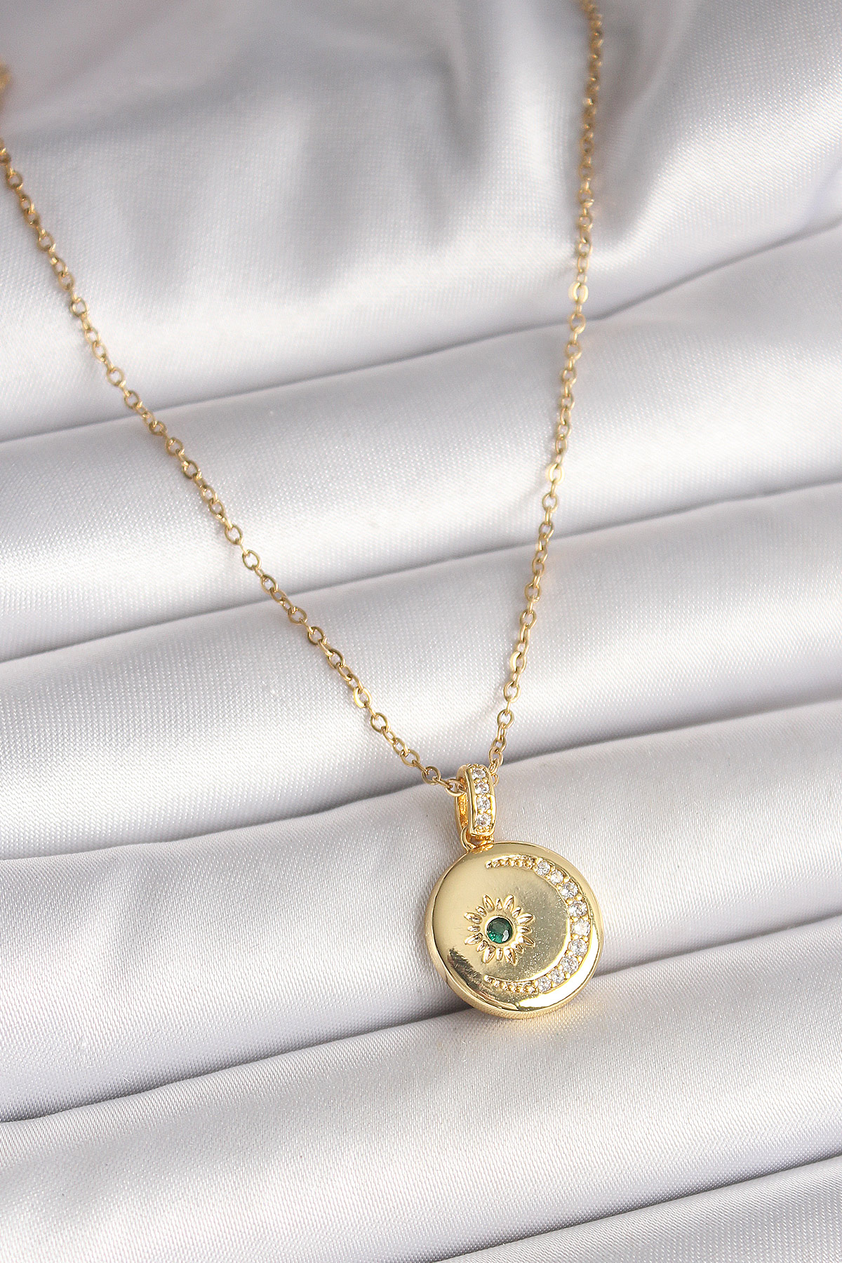 316L Çelik Gold Renk Zincir Zirkon Taş İşlemeli Hilal Yıldız İşlemeli Madalyon Model Kadın Kolye 5886