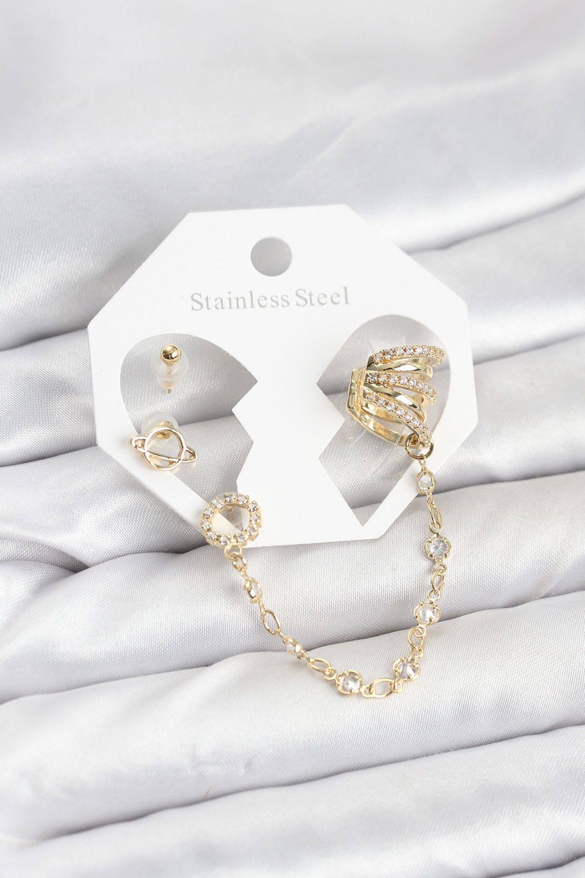Uzay Model Pirinç Gold Renk Zincir Bağlantılı Ear Cuff Küpe Seti 5886