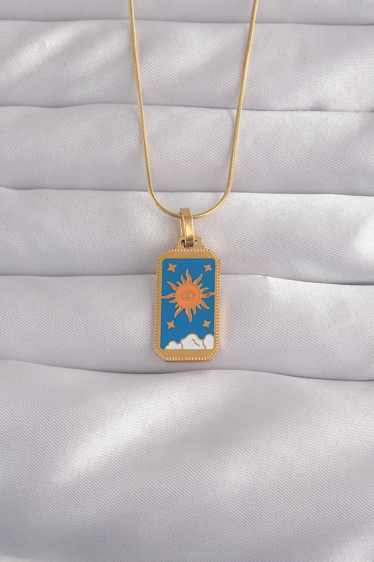 316L Çelik Gold Renk Mavi Mineli Güneş Model Tarot Kolye 5886