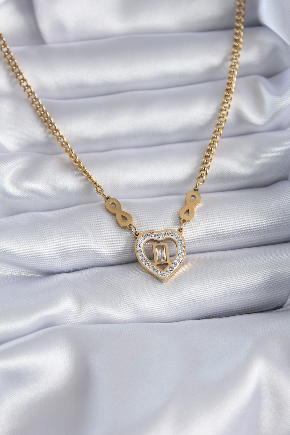 316L Çelik Gold Renk Zirkon Taşlı Kalp Model Sonsuzluk Detay Kadın Kolye 5886