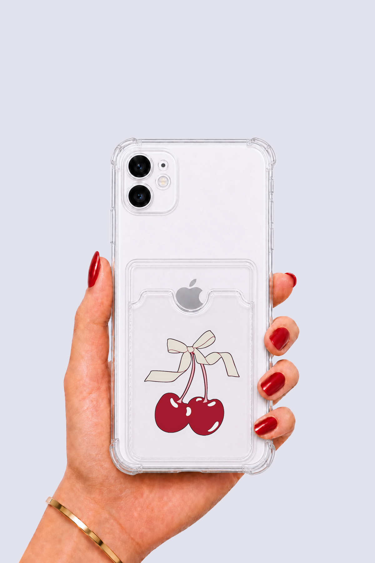 iPhone 11 Kartlıklı Kiraz Desenli Kılıf