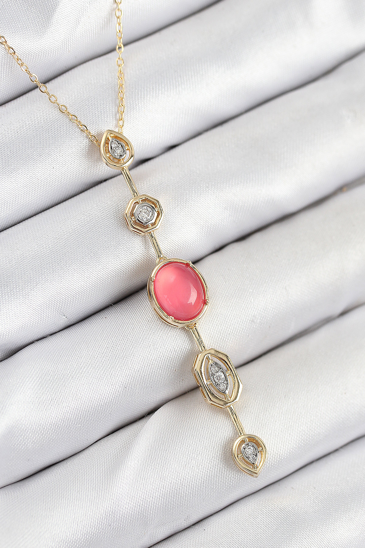 Pirinç Zincir Pembe Gold Renk Zirkon Taşlı Y Kolye 5886