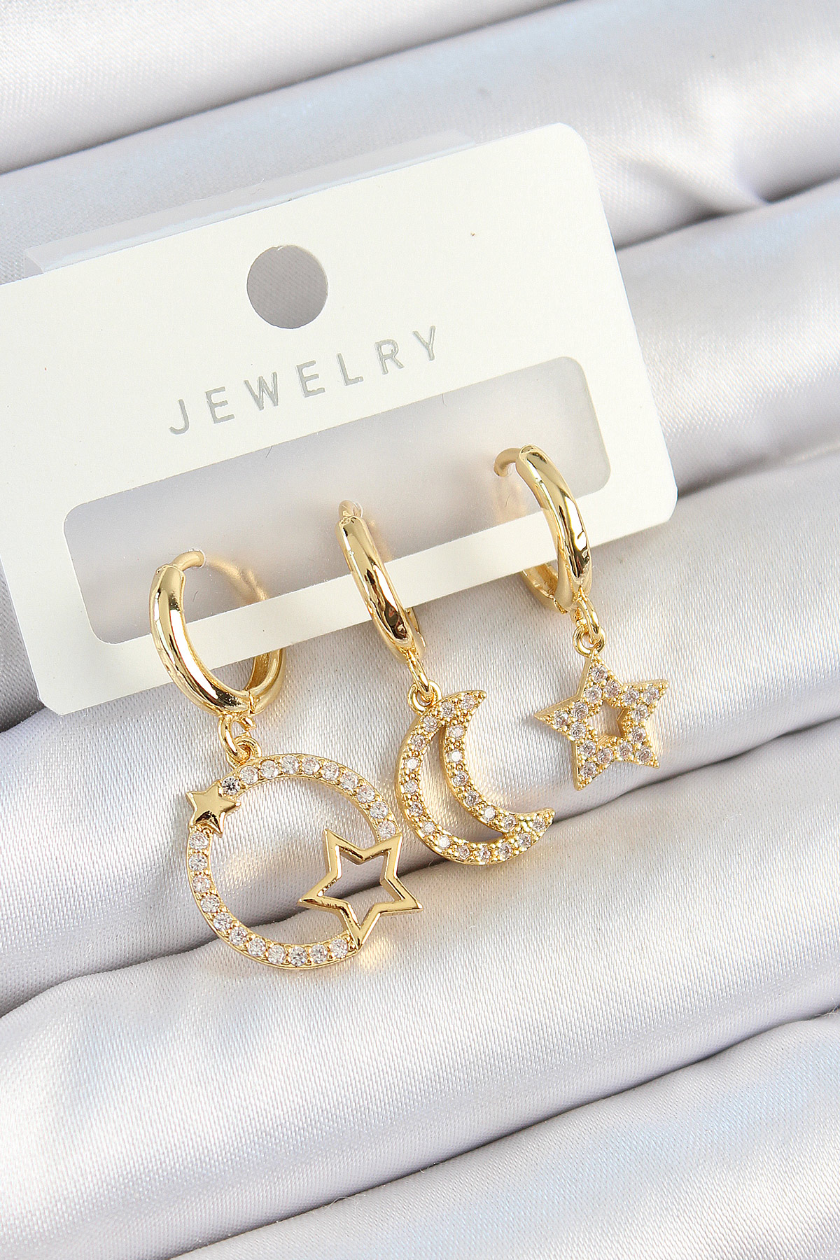 Pirinç Zirkon Taşlı Yıldız Ve Ay Model Gold Renk 3'lü Kadın Küpe Set 5886