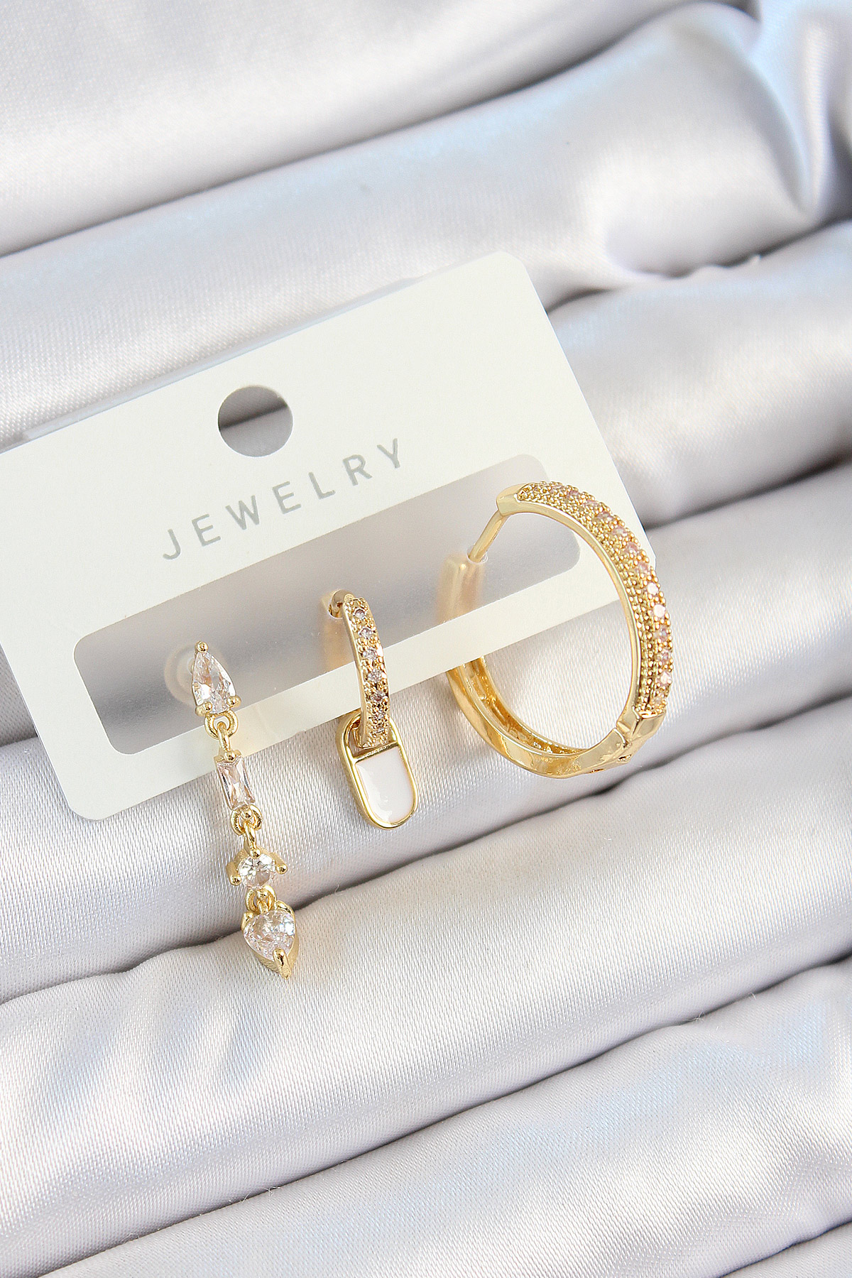 Pirinç Zirkon Taşlı Sallantılı Model Gold Renk 3'lü Çift Kadın Küpe Set 5886