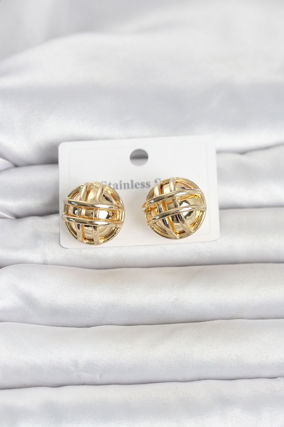 316L Çelik Gold Renk Desenli Top Model Kadın Küpe 5886