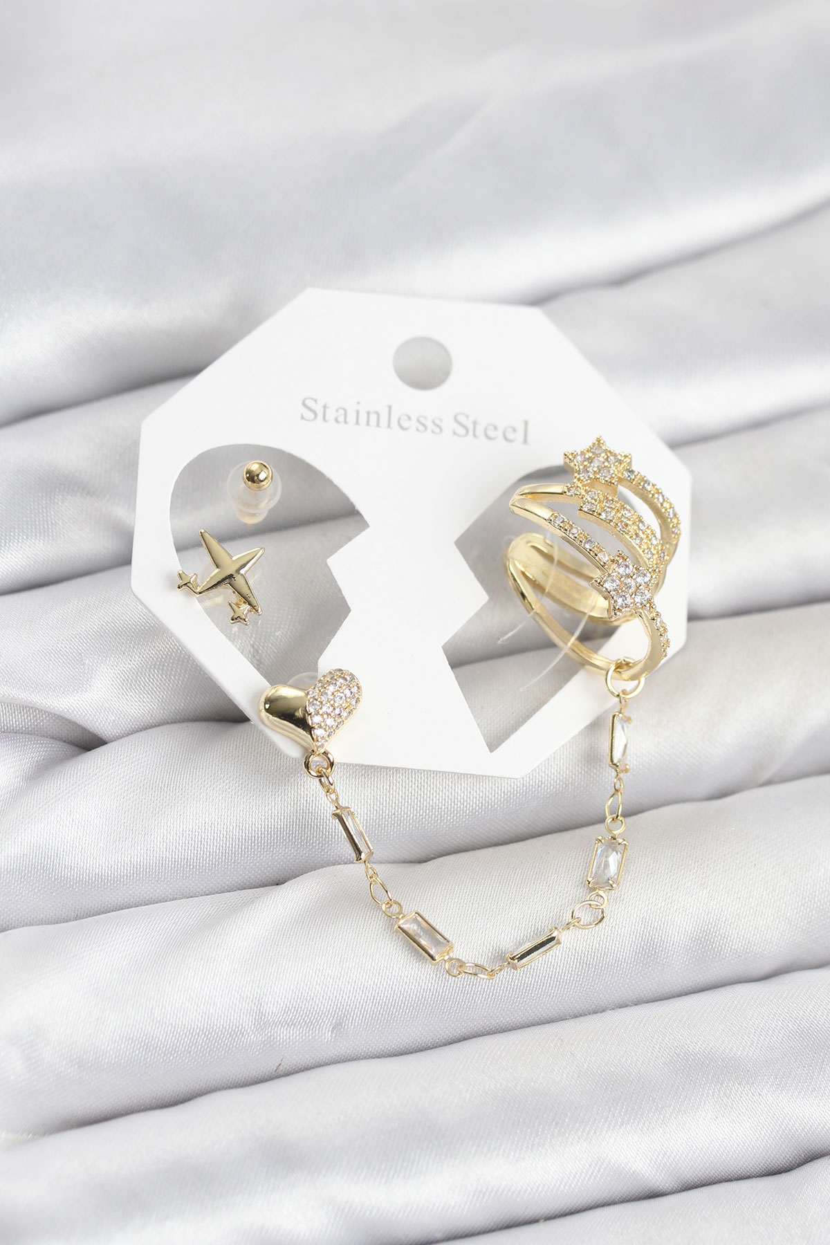 Kalp Yıldız Model Pirinç Gold Renk Zincir Bağlantılı Ear Cuff Küpe Seti 5886