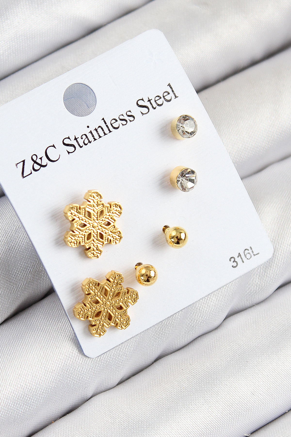 316L Çelik Zirkon Taşlı Kar Tanesi Model Gold Renk Kadın Set Küpe 5886
