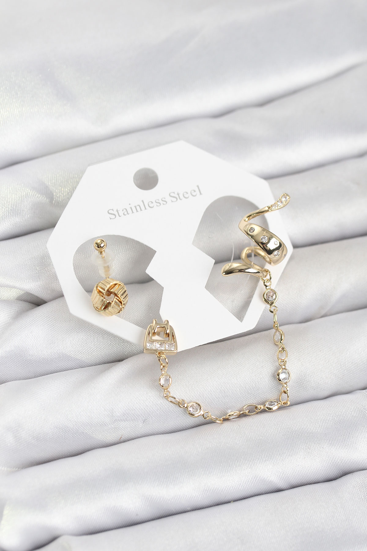 Pirinç Gold Renk Yılan Model Zincir Bağlantılı Ear Cuff Küpe Seti 5886