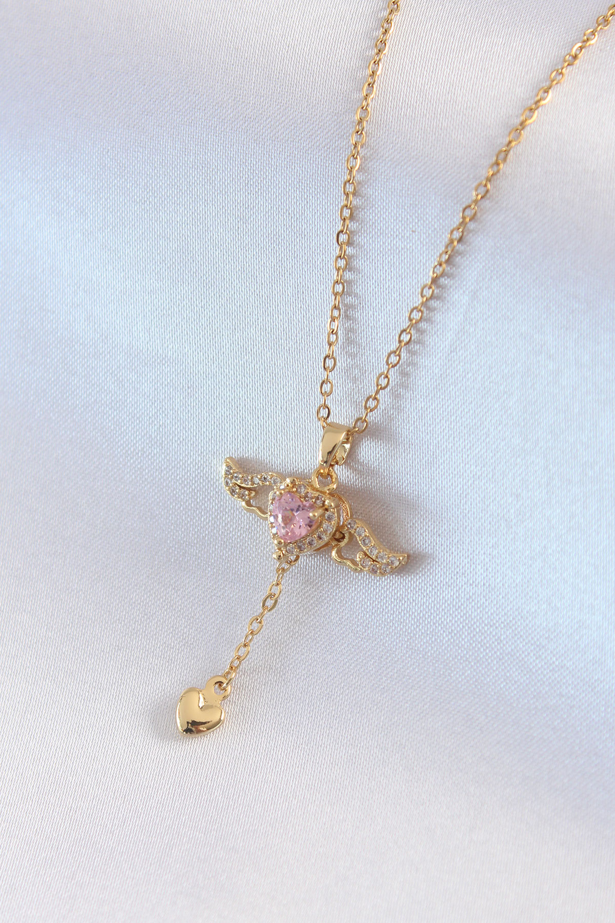 316L Çelik Gold Renk Kanatlı Kalp Model Zirkon Taş Detay Kadın Kolye 5886