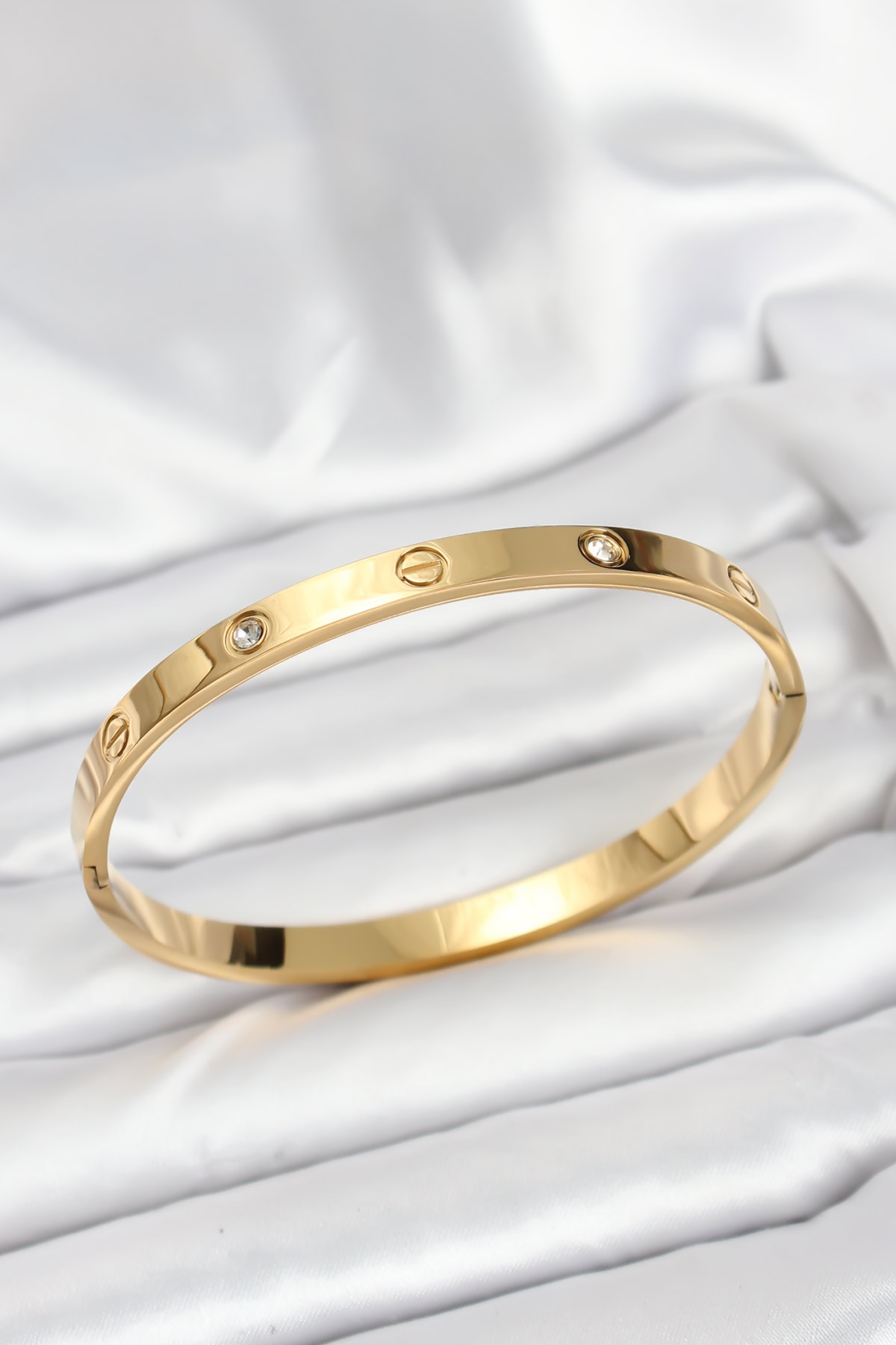 316L Çelik Gold Renk Zirkon Taşlı 65 mm Kadın Kelepçe Bileklik 5886