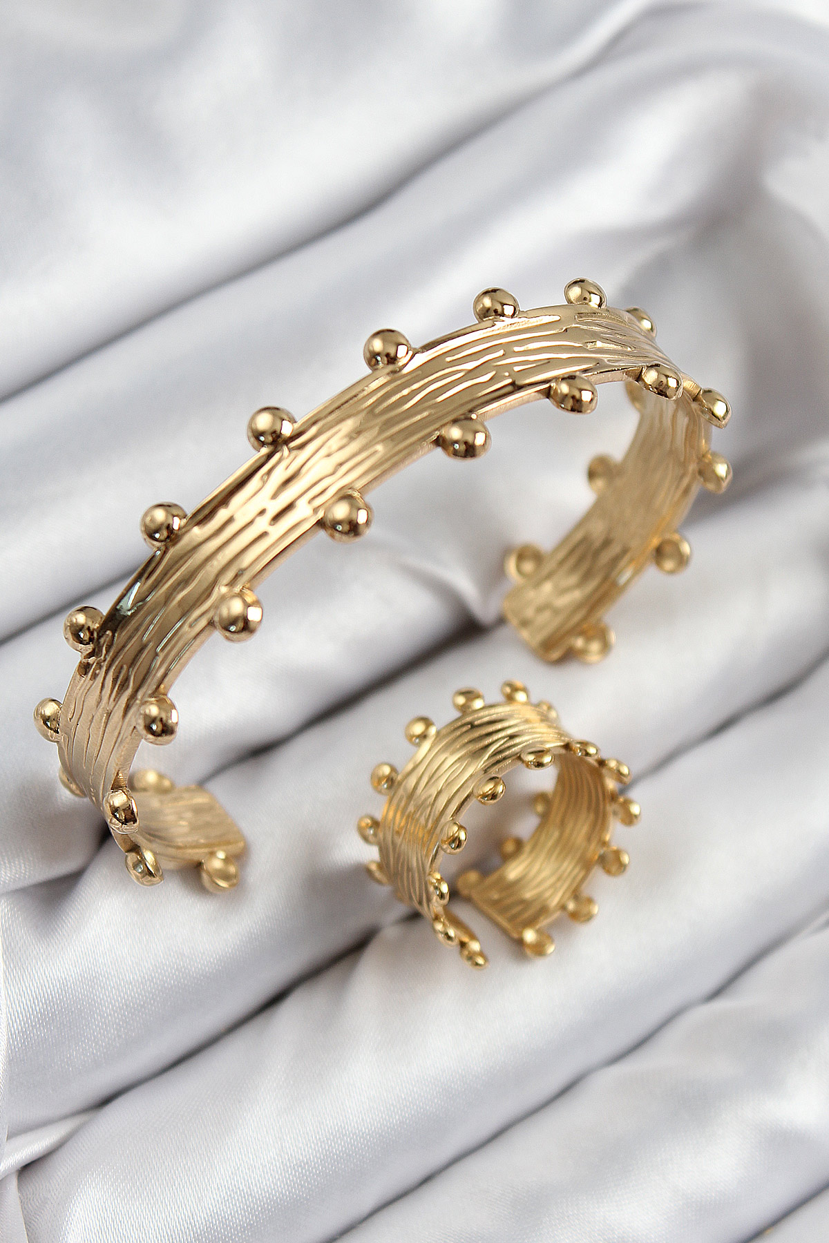 Pirinç Topcuk Model Gold Renk Bileklik Yüzük Set 5886