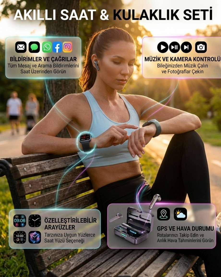 Bluetooth Kulaklıklı Akıllı Saat Seti Yüksek Ses Kalitesi ve 3D Ekran