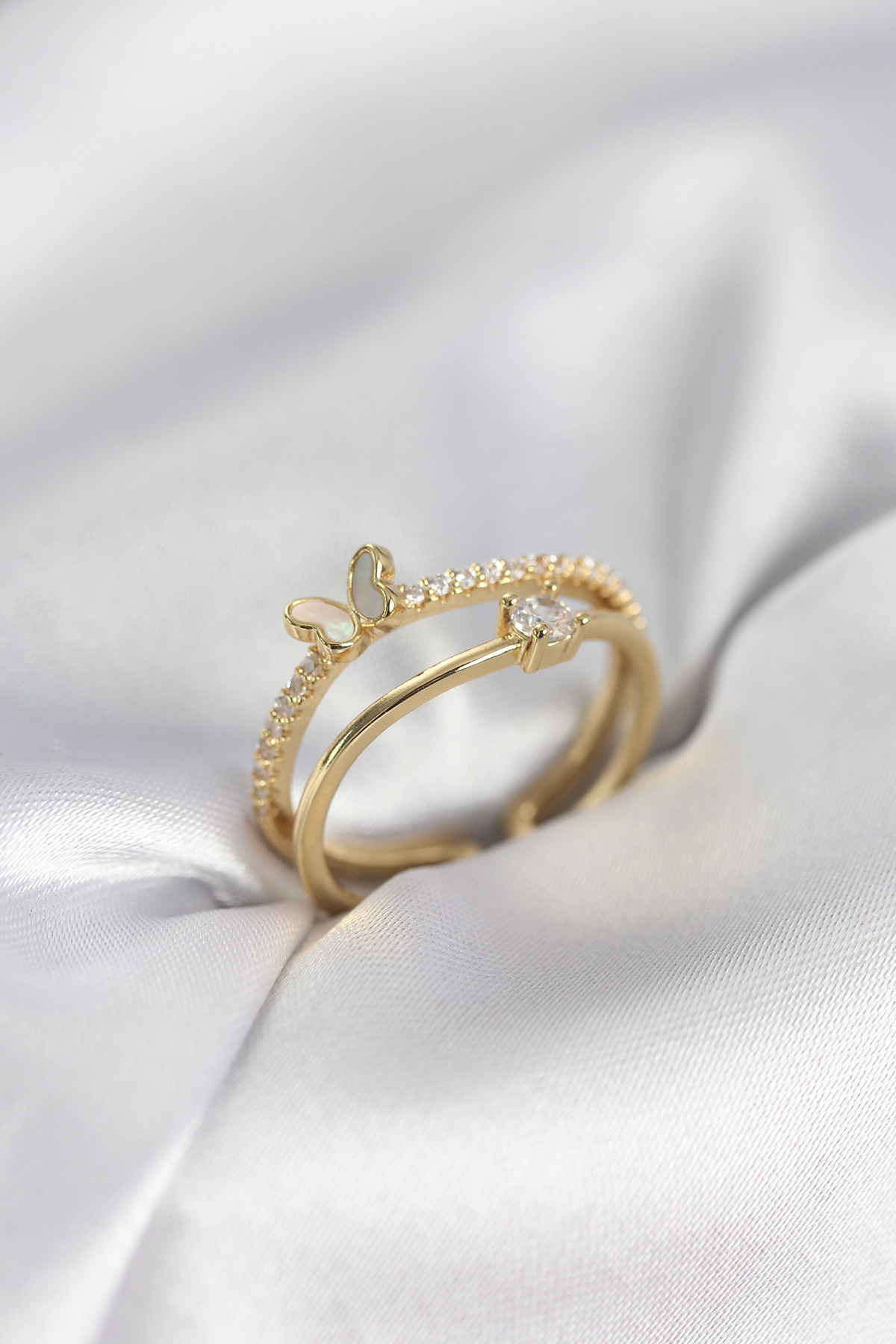 Gold Renk 2'li Zirkon Taşlı Kelebek Model Kadın Yüzük 5886