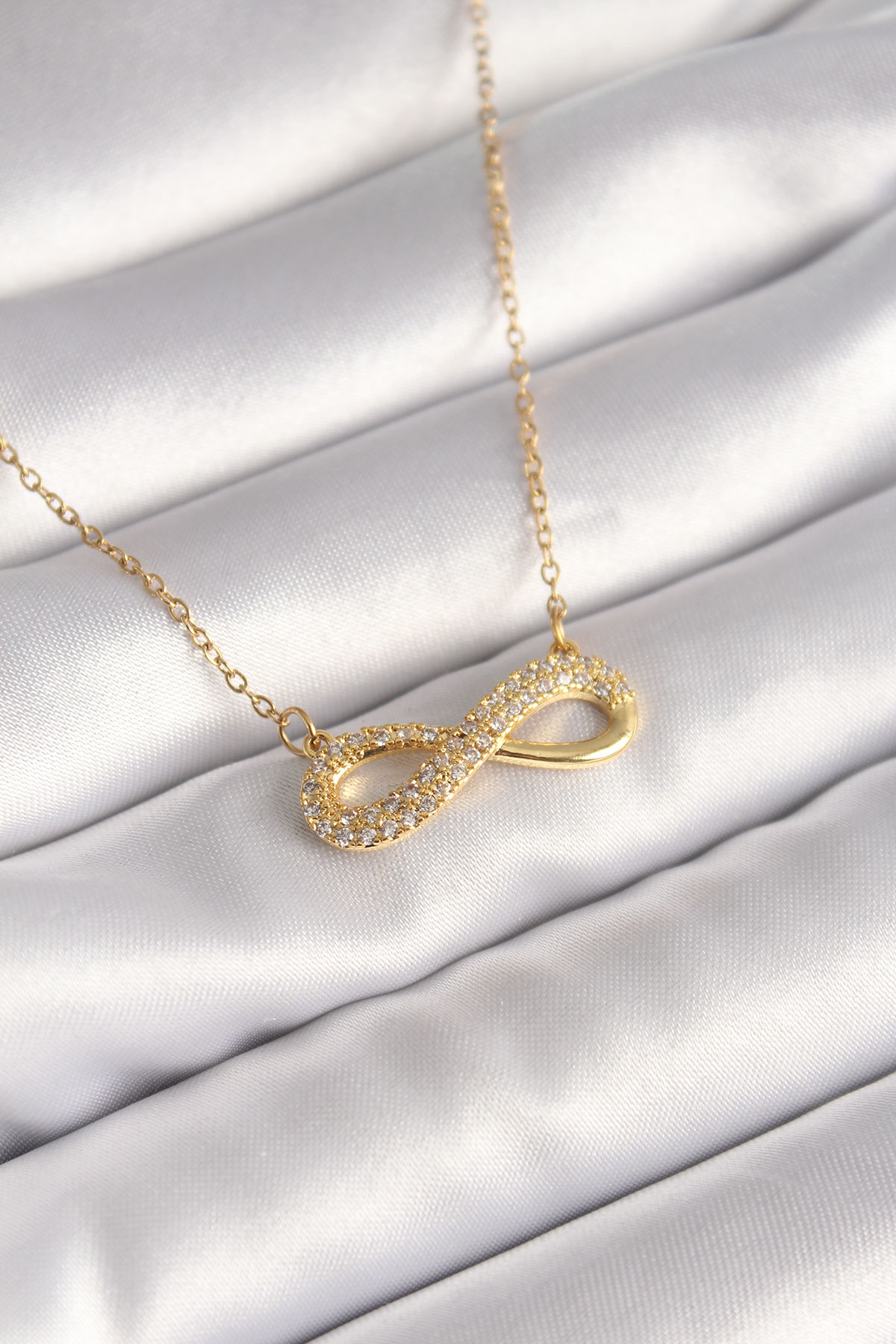 316L Çelik Gold Renk Zincir Zirkon Taşlı Sonsuzluk Model Kadın Kolye 5886
