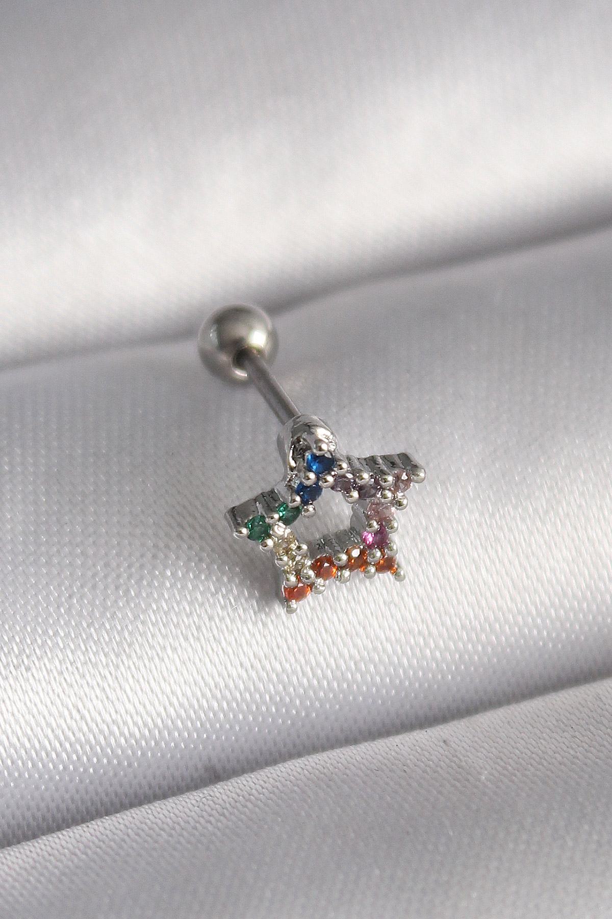 316L Çelik Gümüş Renk Renkli Zirkon Taşlı Yıldız Model Tragus Piercing 5886