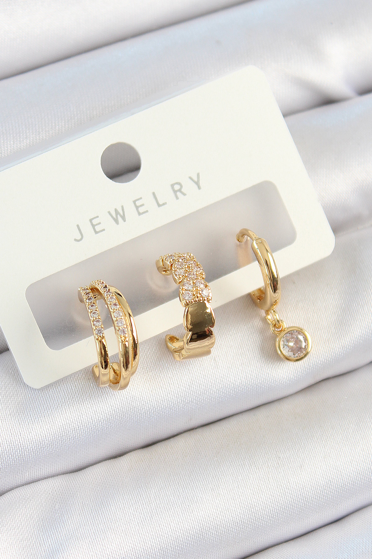 Pirinç Zirkon Taşlı Halka Model Gold Renk 3'lü Çift Kadın Küpe Set 5886