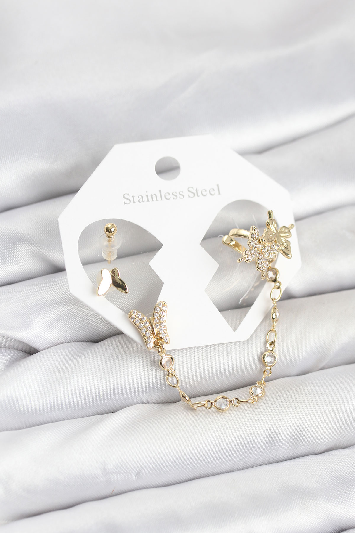 Pirinç Gold Renk Kelebek Model Zincir Bağlantılı Ear Cuff Küpe Seti 5886