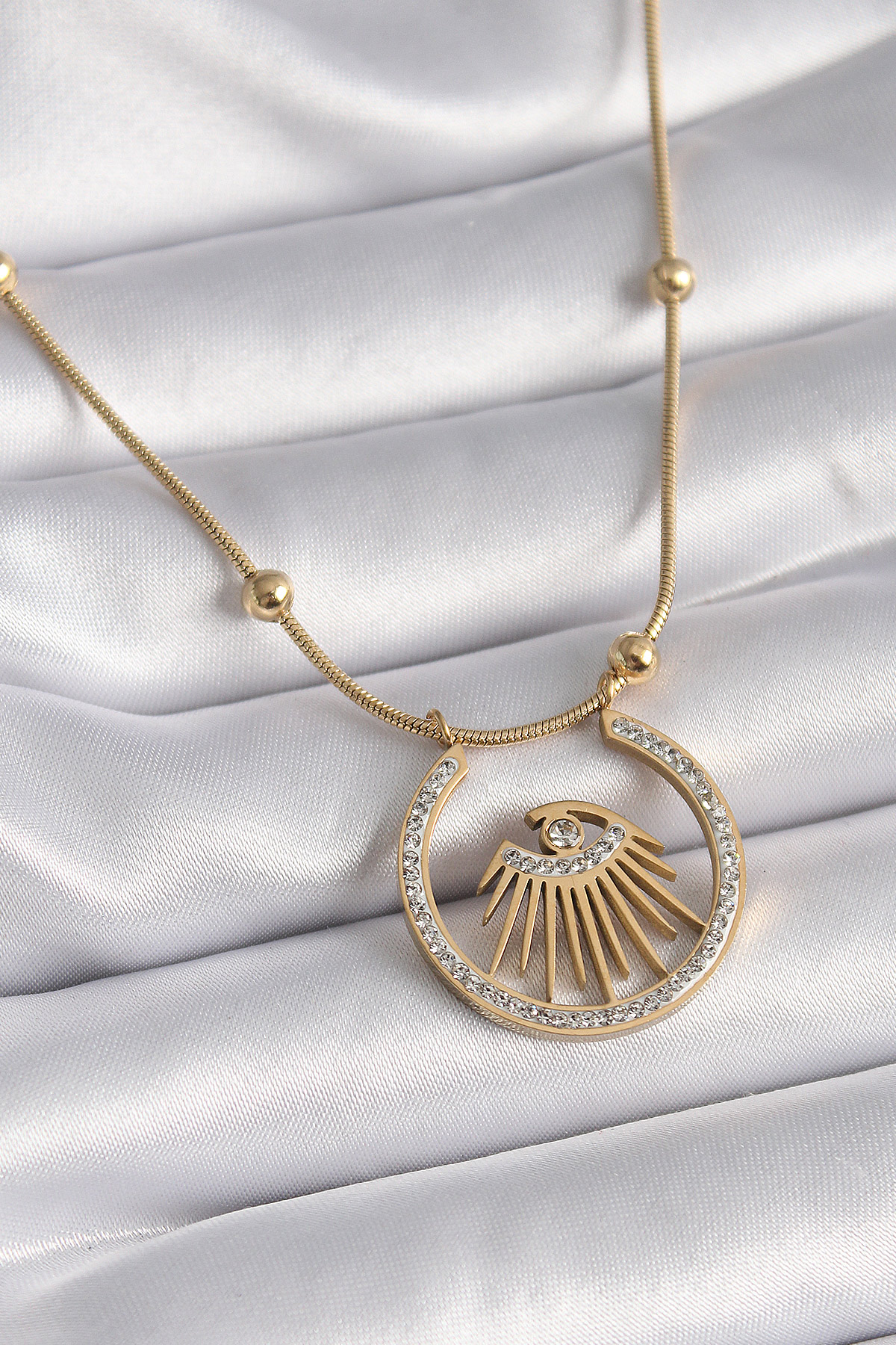 316L Çelik Gold Renk Zirkon Taşlı Göz Model Kadın Kolye 5886