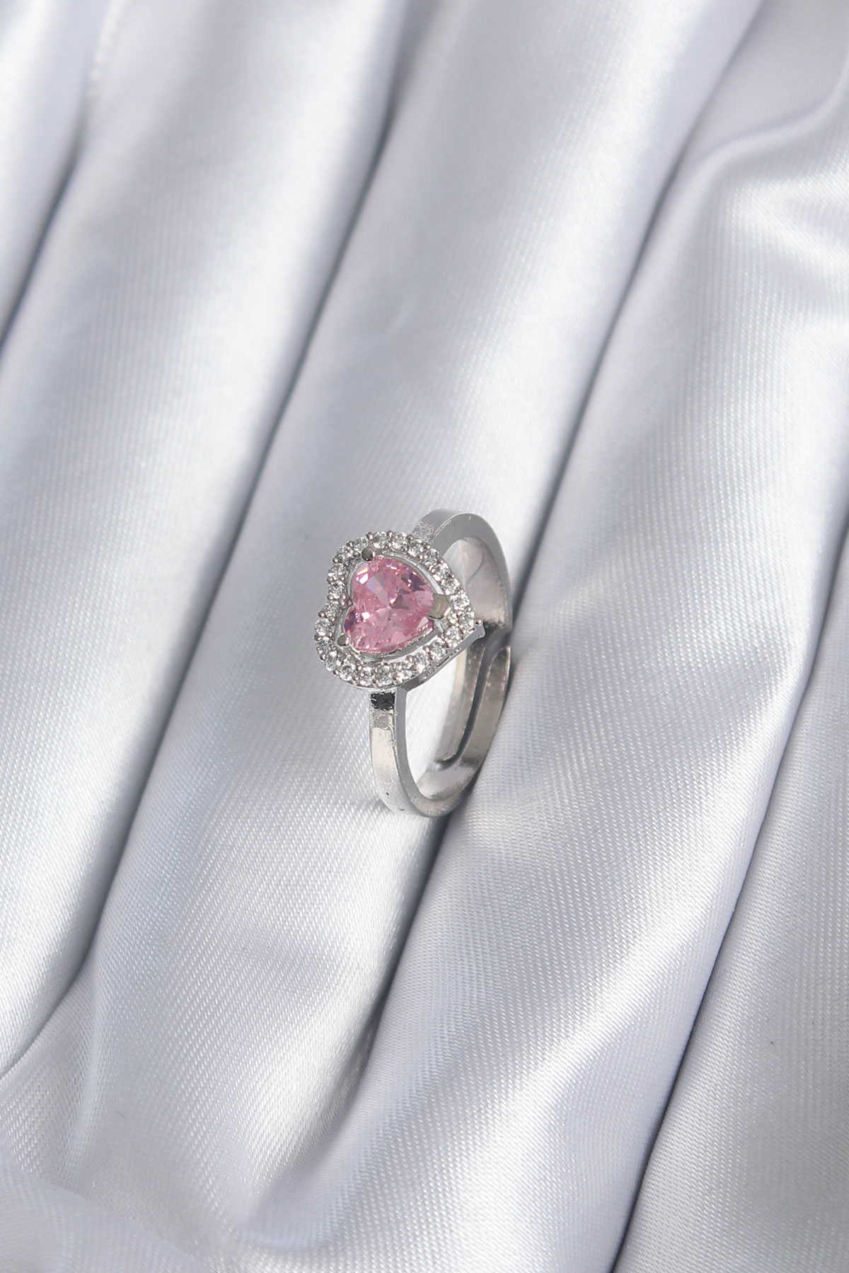 Pirinç Gümüş Renk Pembe Zirkon Taşlı Charm Model Kadın Yüzük 5886